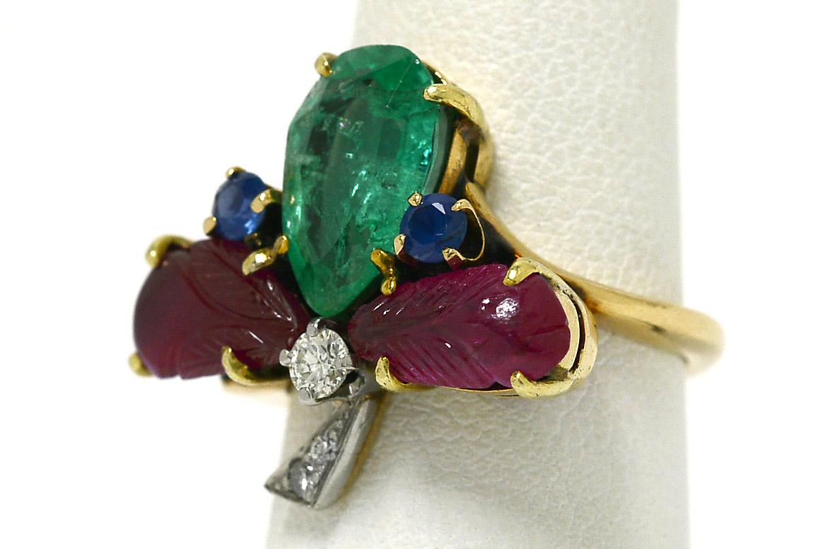 Clover Tutti Fruti Cocktail Ring Gold Emerald Ruby Sapphire Diamond Art Deco In Good Condition In Santa Barbara, CA