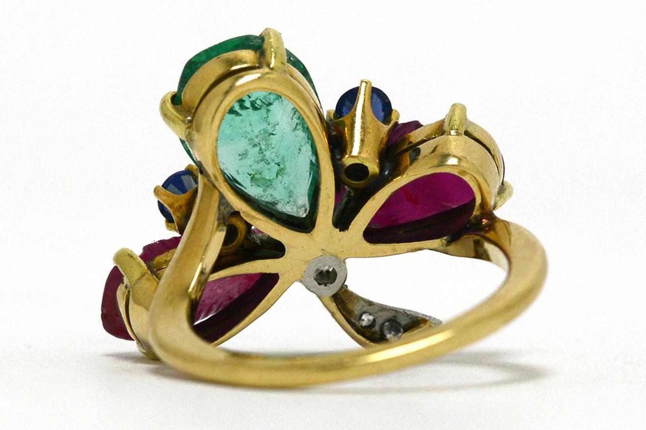 Women's or Men's Clover Tutti Fruti Cocktail Ring Gold Emerald Ruby Sapphire Diamond Art Deco