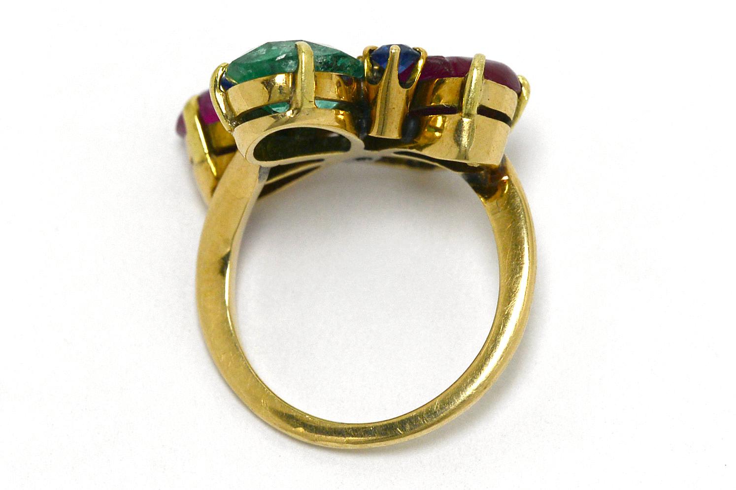 Clover Tutti Fruti Cocktail Ring Gold Emerald Ruby Sapphire Diamond Art Deco 1