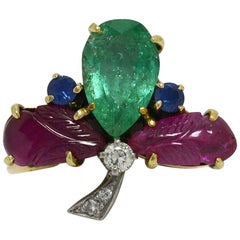 Clover Tutti Fruti Cocktail Ring Gold Emerald Ruby Sapphire Diamond Art Deco