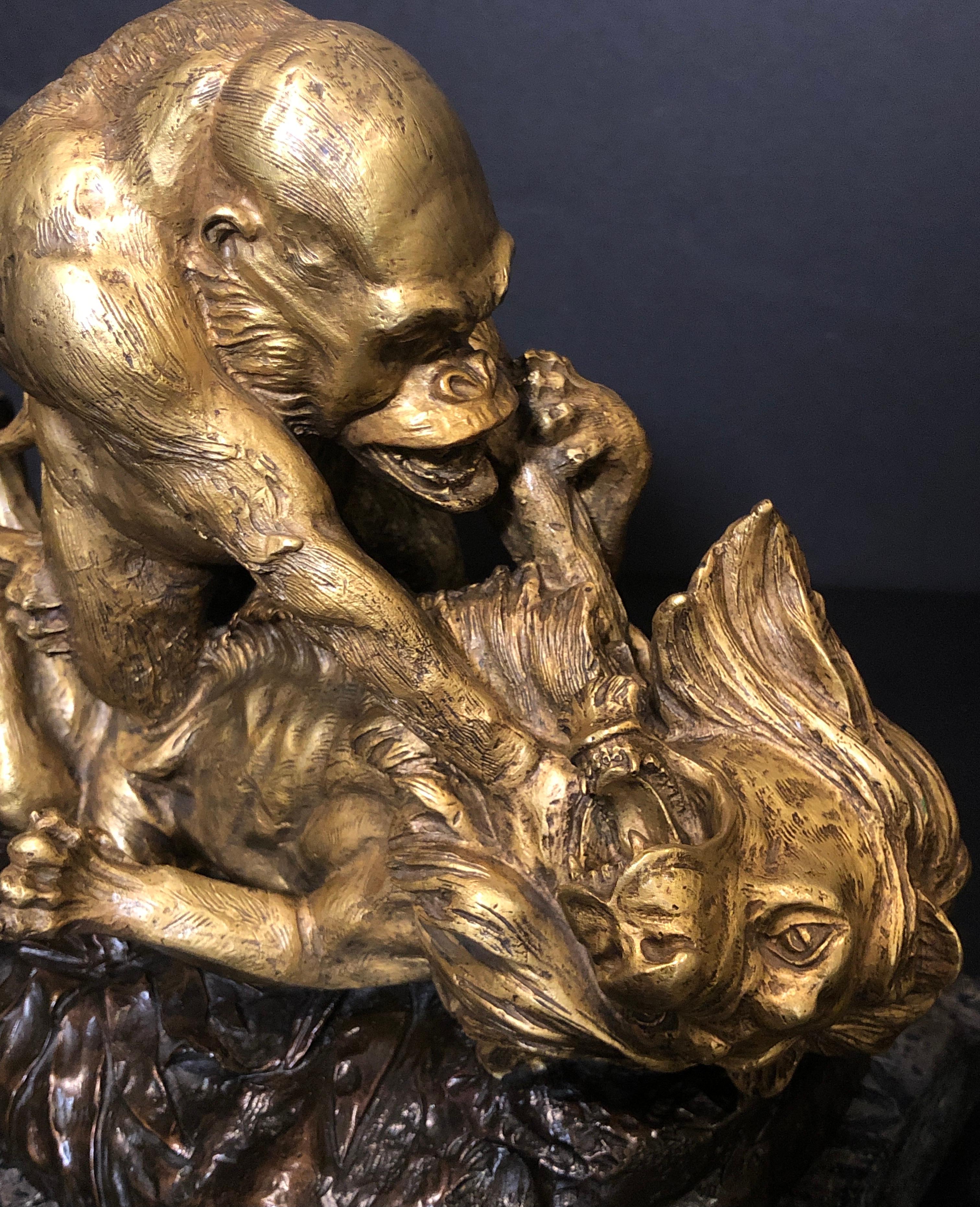 Belle Époque Sculpture Of Gorilla And Lion In battle By Clovis Edmond Masson  For Sale