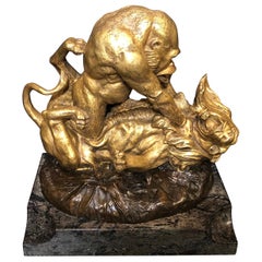 Sculpture en bronze de Gorilla et lion en bataille de Clovis Edmond Masson