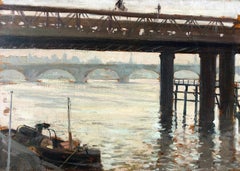 Along the Thames  Clovis Didier  Oil on Panel  French