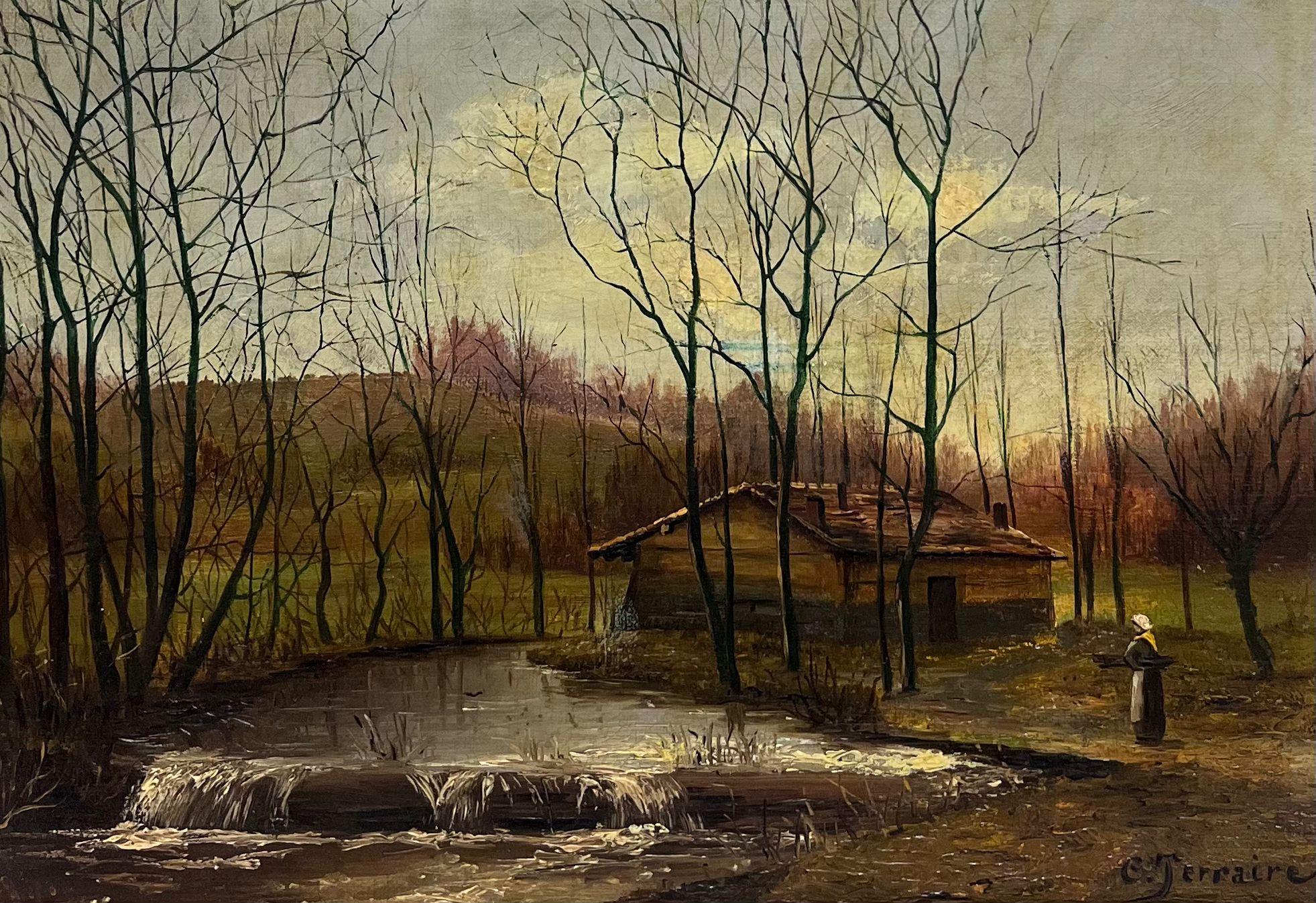 Peinture à l'huile Romantique Antique Française Figure par Woodland Stream Cottage Sunset - Painting de CLOVIS FRÉDÉRICK TERRAIRE (1858-1931)