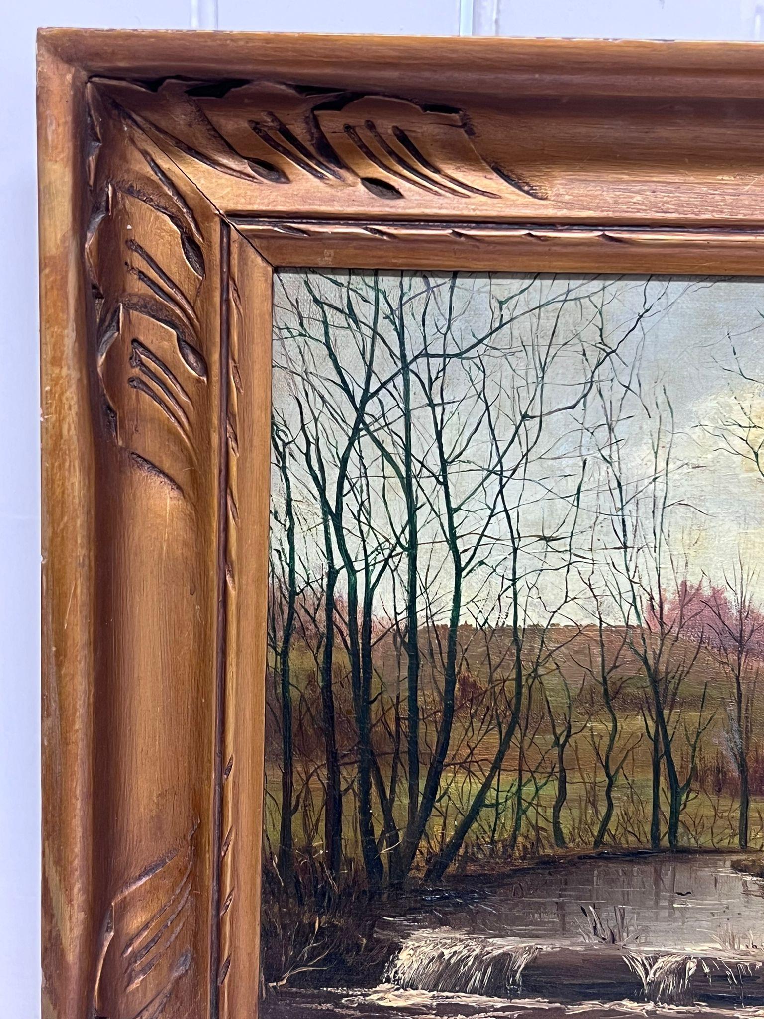 Peinture à l'huile Romantique Antique Française Figure par Woodland Stream Cottage Sunset - École de Barbizon Painting par CLOVIS FRÉDÉRICK TERRAIRE (1858-1931)