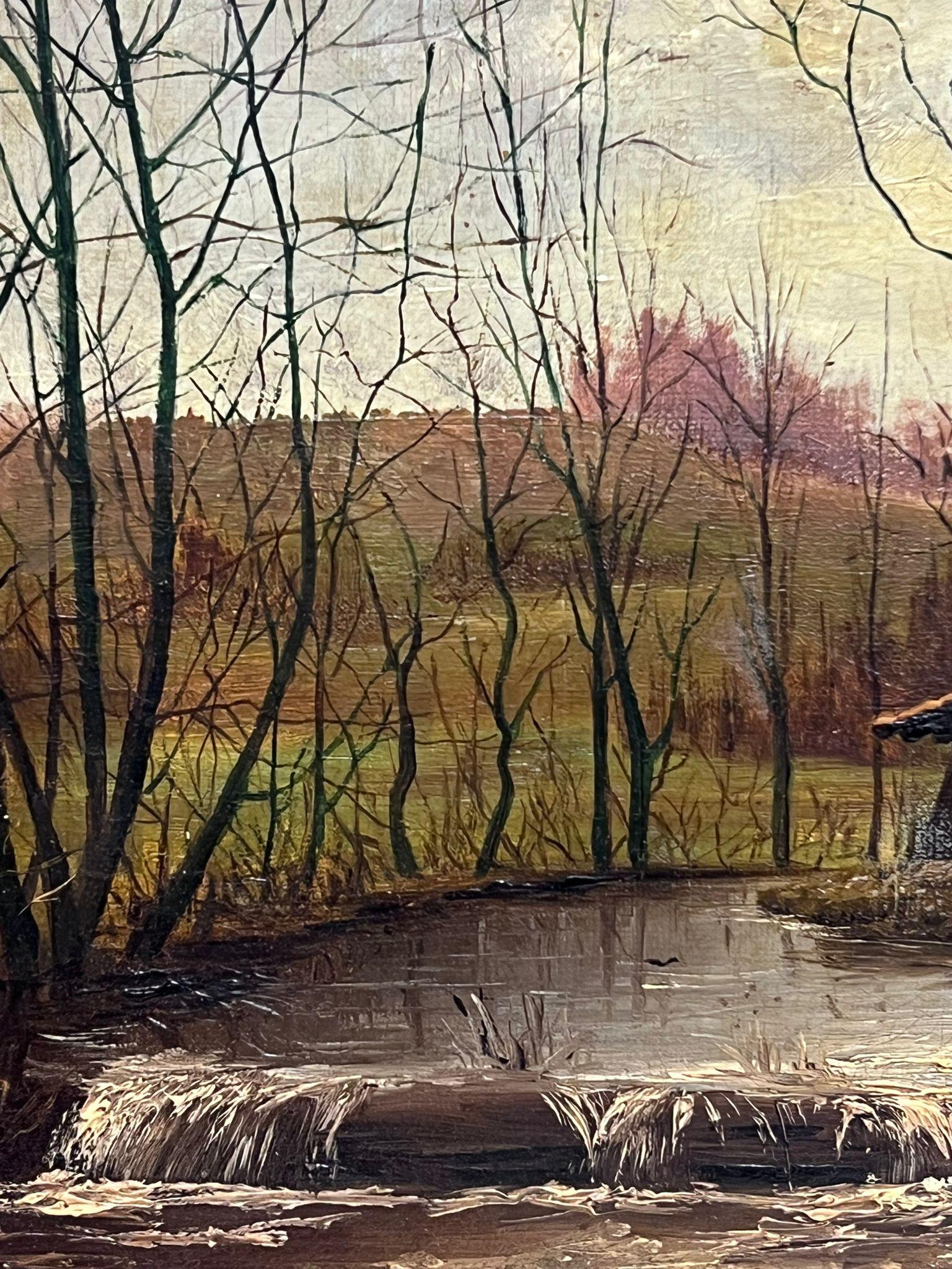 Peinture à l'huile Romantique Antique Française Figure par Woodland Stream Cottage Sunset - Marron Landscape Painting par CLOVIS FRÉDÉRICK TERRAIRE (1858-1931)