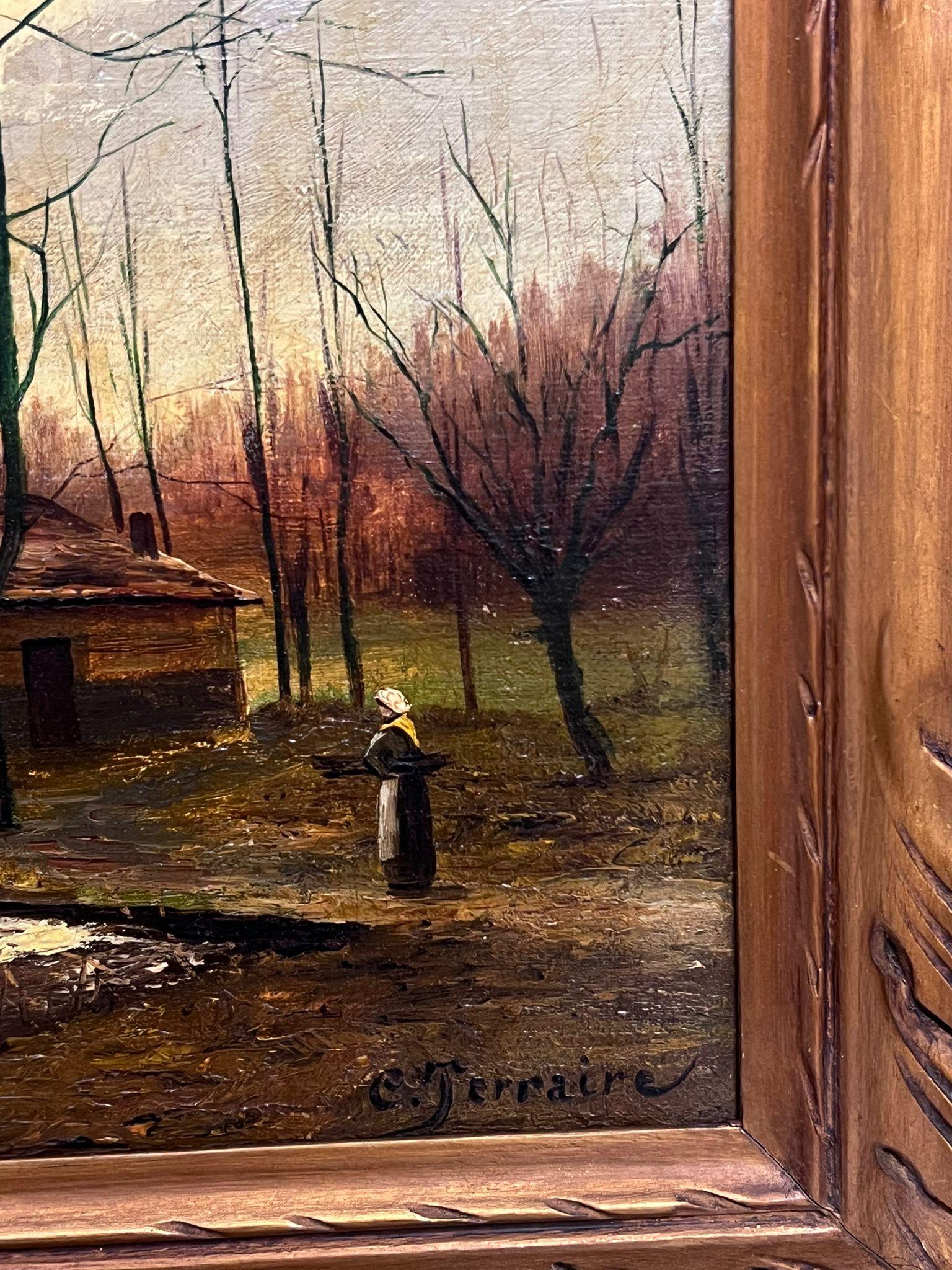 Peinture à l'huile Romantique Antique Française Figure par Woodland Stream Cottage Sunset en vente 2