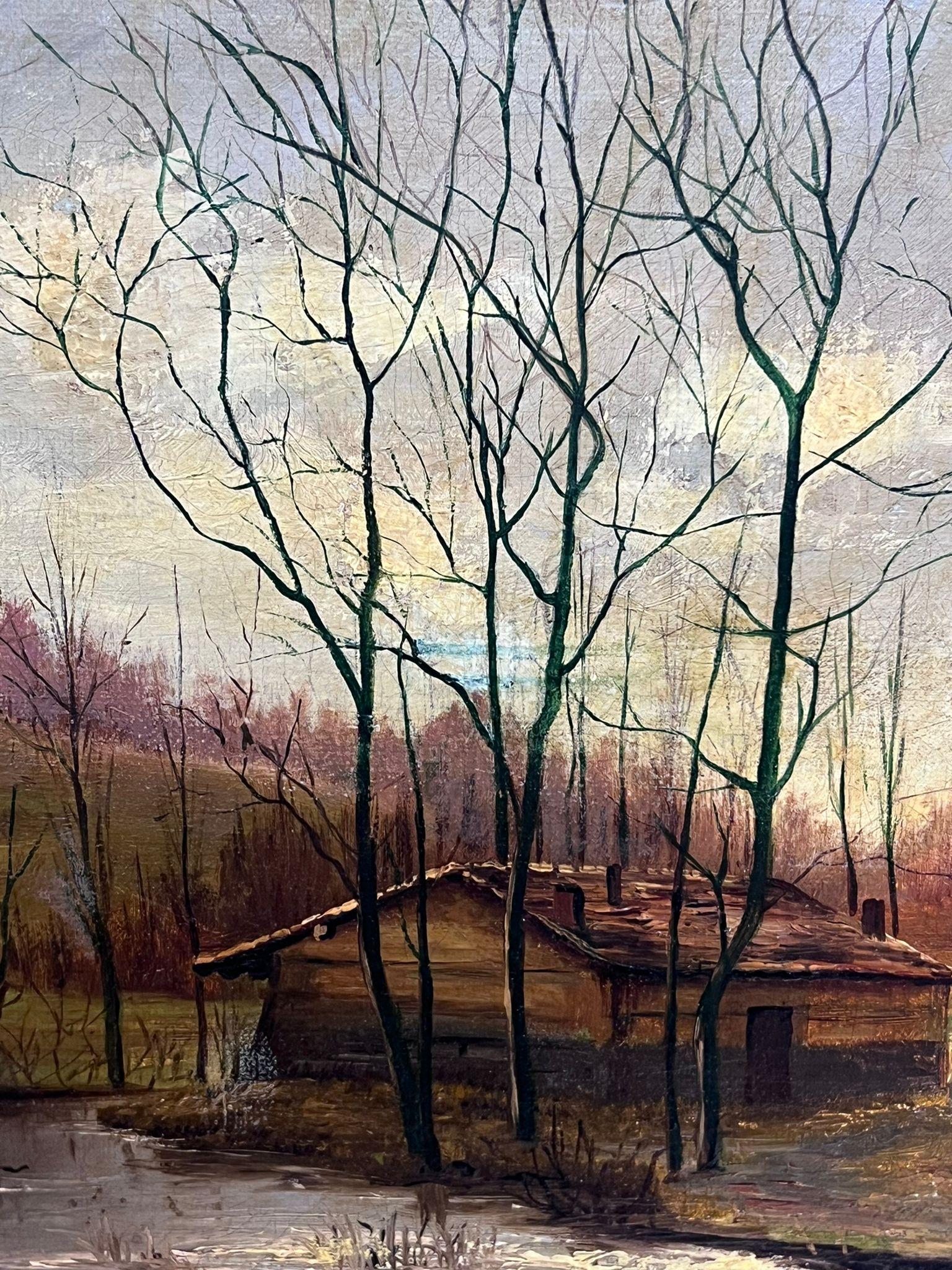Peinture à l'huile Romantique Antique Française Figure par Woodland Stream Cottage Sunset en vente 3