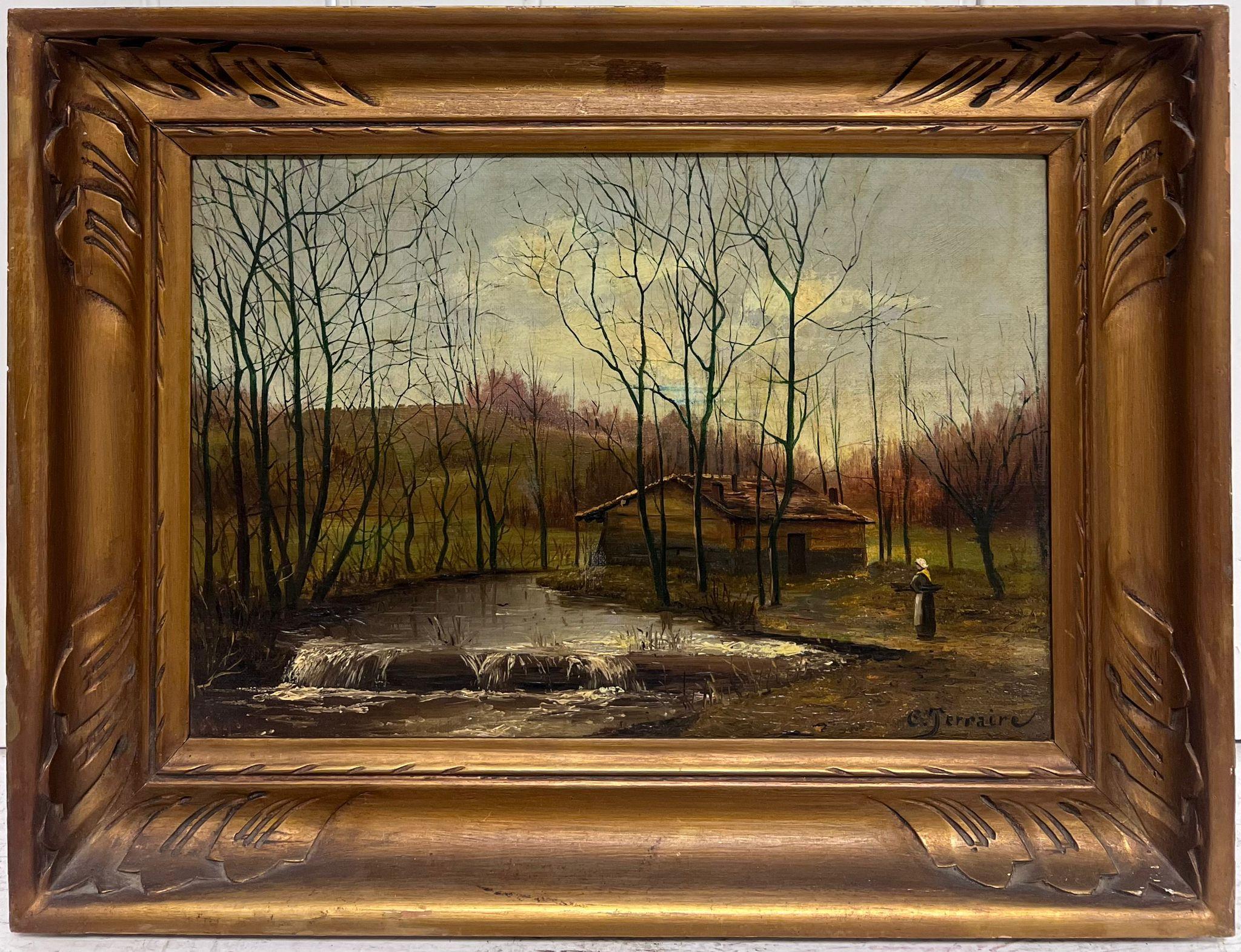 Landscape Painting CLOVIS FRÉDÉRICK TERRAIRE (1858-1931) - Peinture à l'huile Romantique Antique Française Figure par Woodland Stream Cottage Sunset