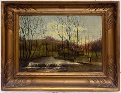 Peinture à l'huile Romantique Antique Française Figure par Woodland Stream Cottage Sunset