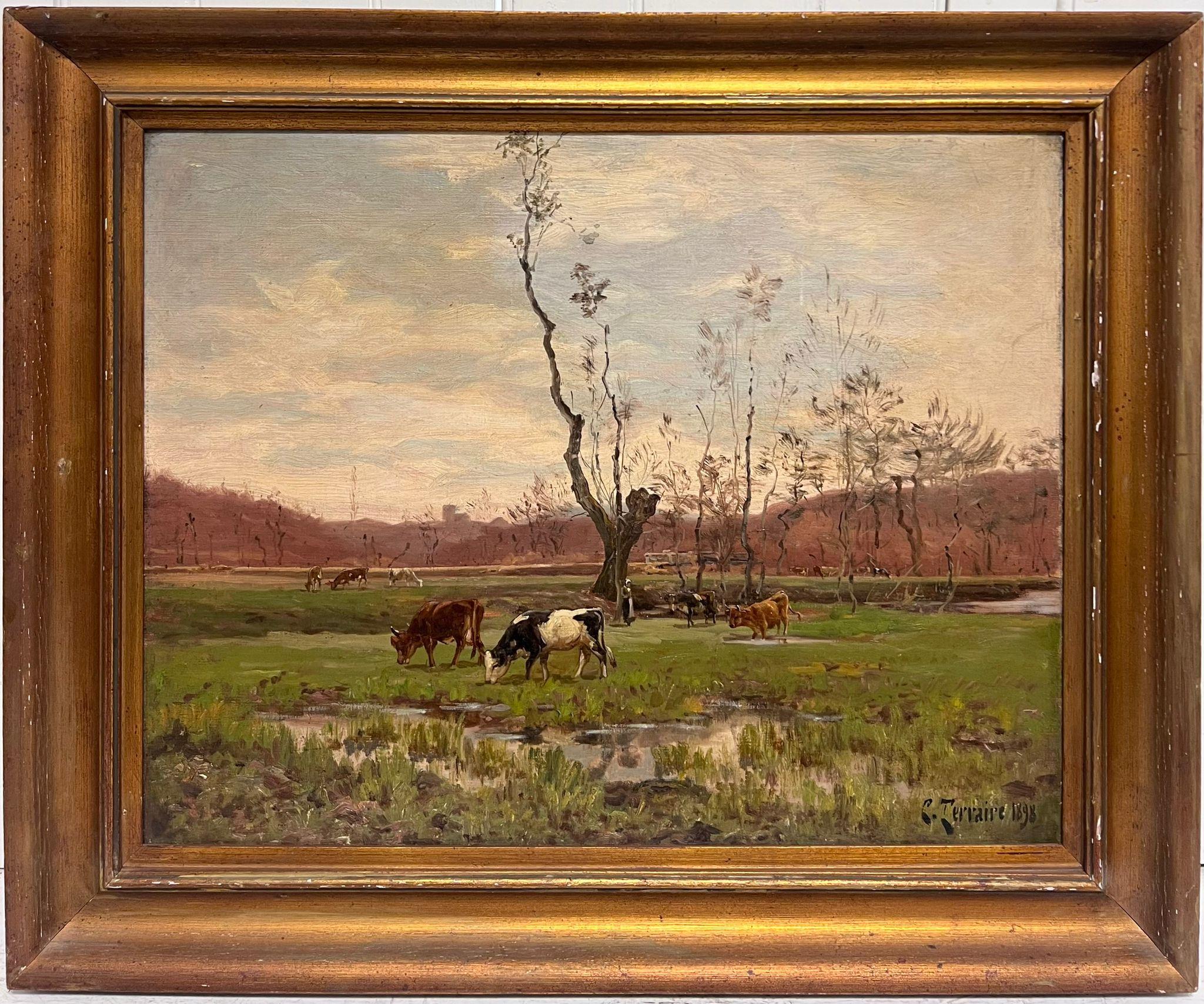 Antique French Impressionist Signed Oil Painting Cows in Pastoral Landscape - Brown Landscape Painting by CLOVIS FRÉDÉRICK TERRAIRE