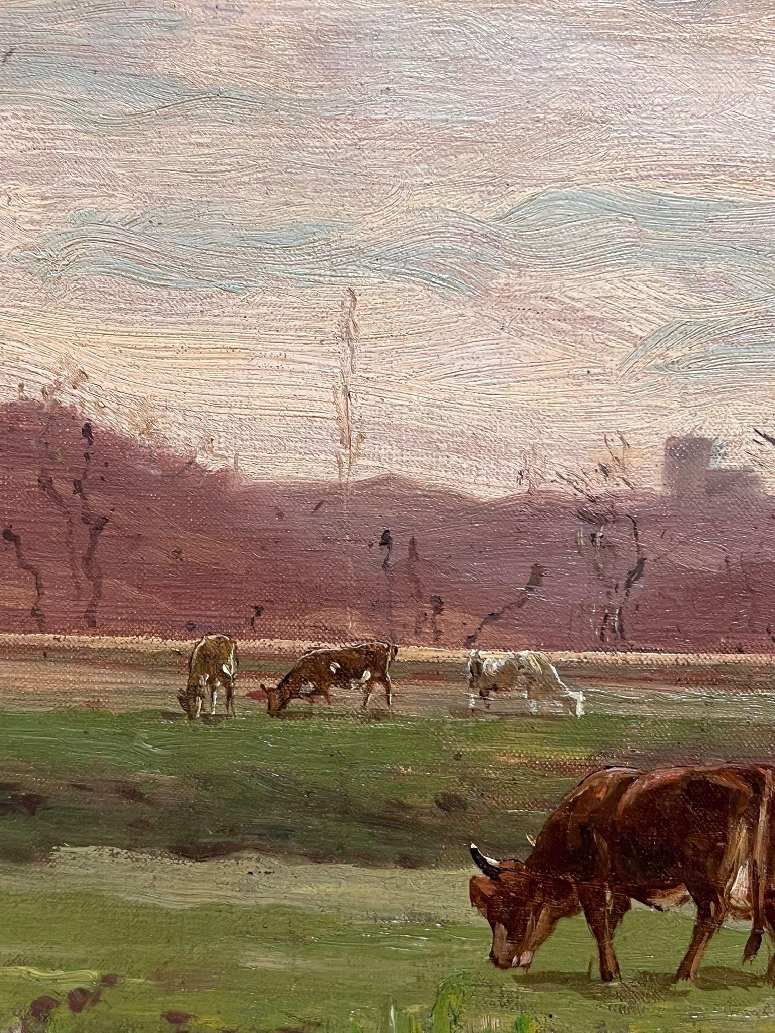 Antique French Impressionist Signed Oil Painting Cows in Pastoral Landscape For Sale 2