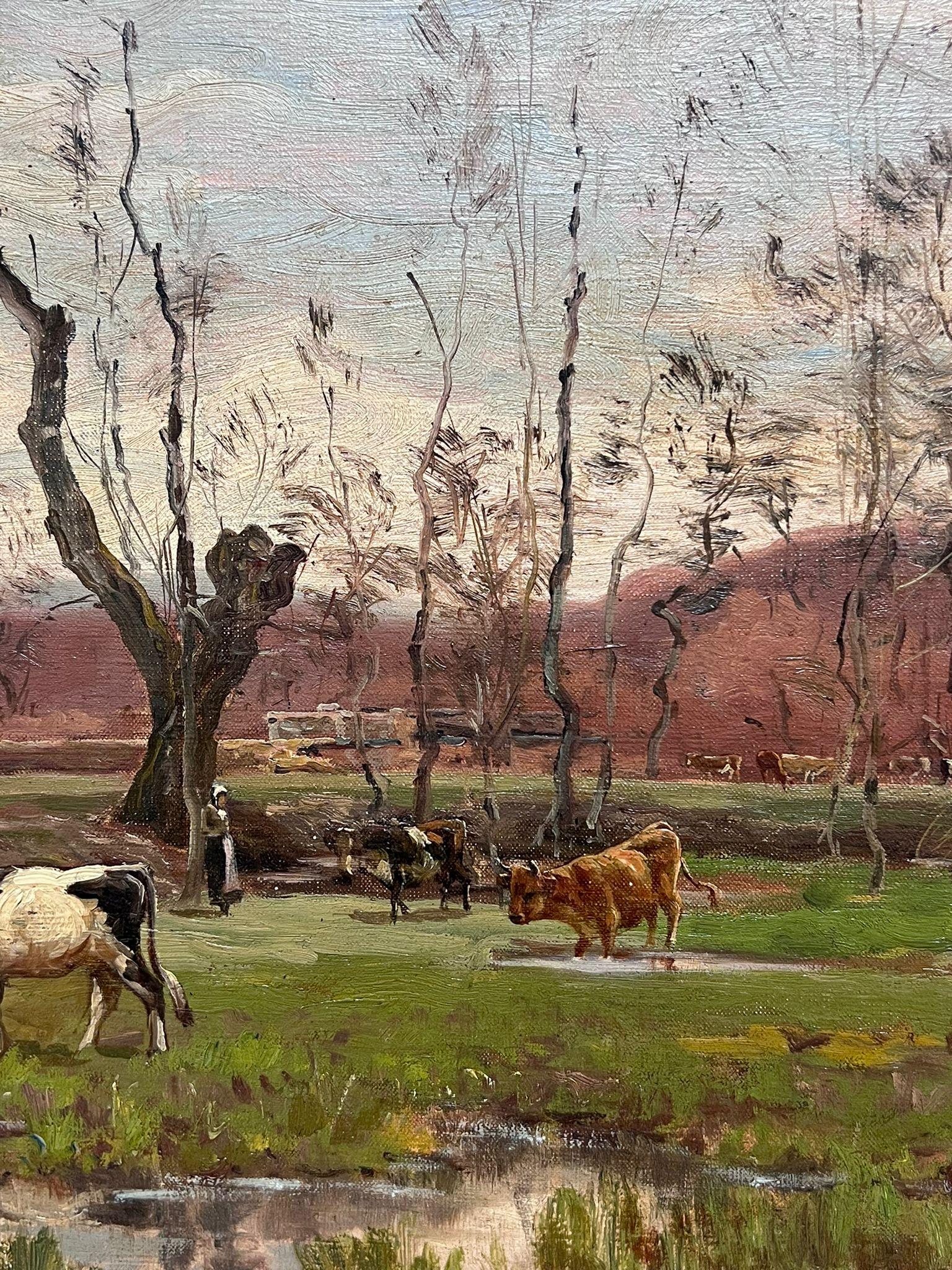 Antique French Impressionist Signed Oil Painting Cows in Pastoral Landscape For Sale 3