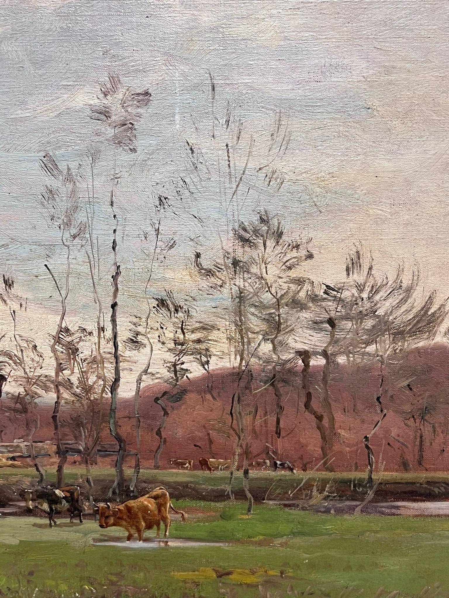 Antique French Impressionist Signed Oil Painting Cows in Pastoral Landscape For Sale 5