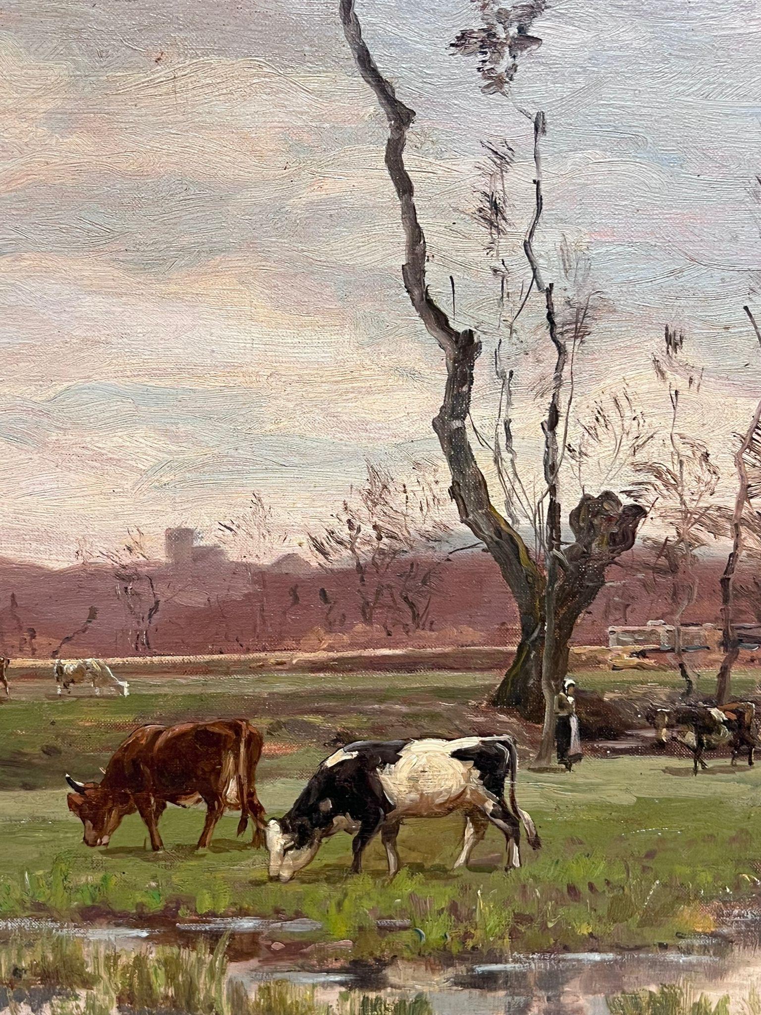 Antique French Impressionist Signed Oil Painting Cows in Pastoral Landscape For Sale 6