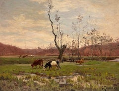 Ancienne peinture à l'huile impressionniste française, signée, représentant des vaches dans un paysage pastoral