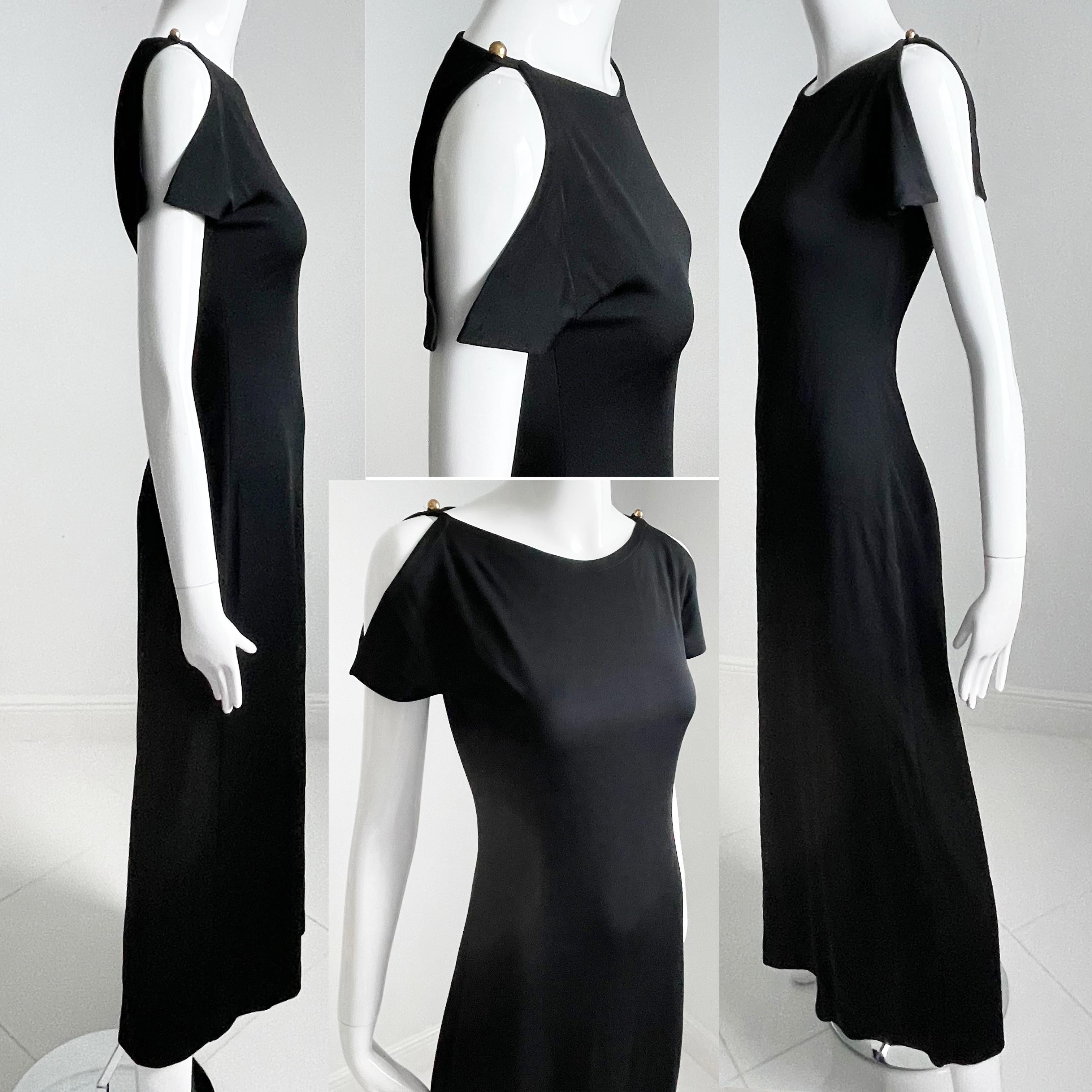 Clovis Ruffin Maxi Dress Black Jersey Flutter Sleeves Saks 5th Ave 1970s  In Good Condition For Sale In Port Saint Lucie, FL