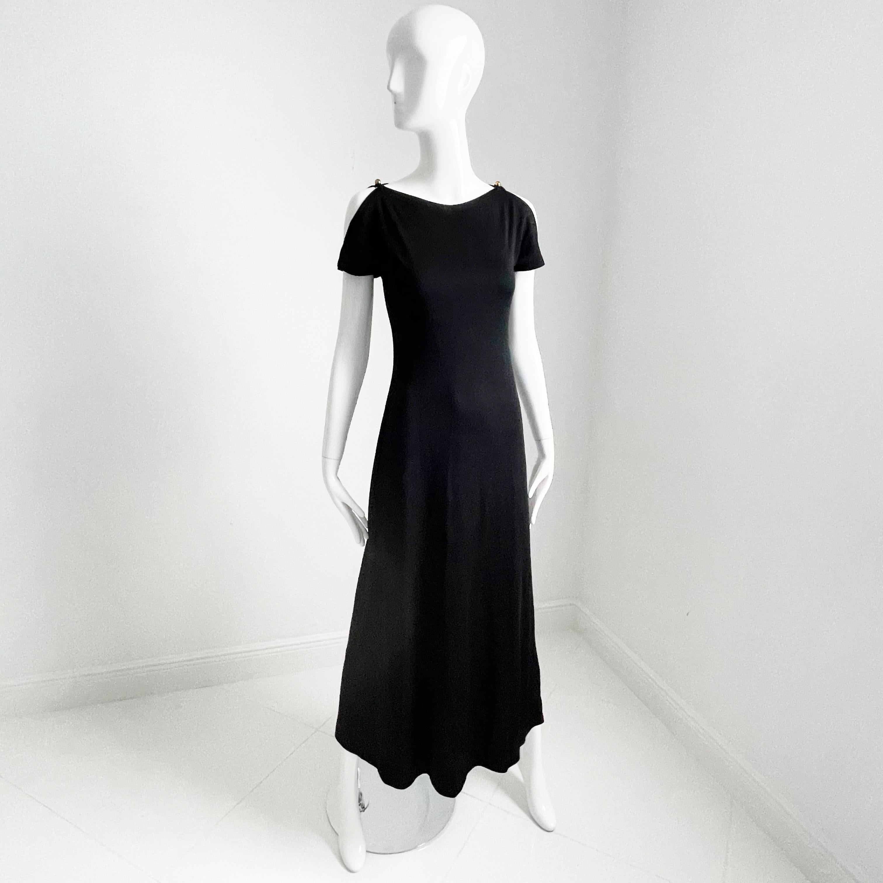 Women's Clovis Ruffin Maxi Dress Black Jersey Flutter Sleeves Saks 5th Ave 1970s  For Sale