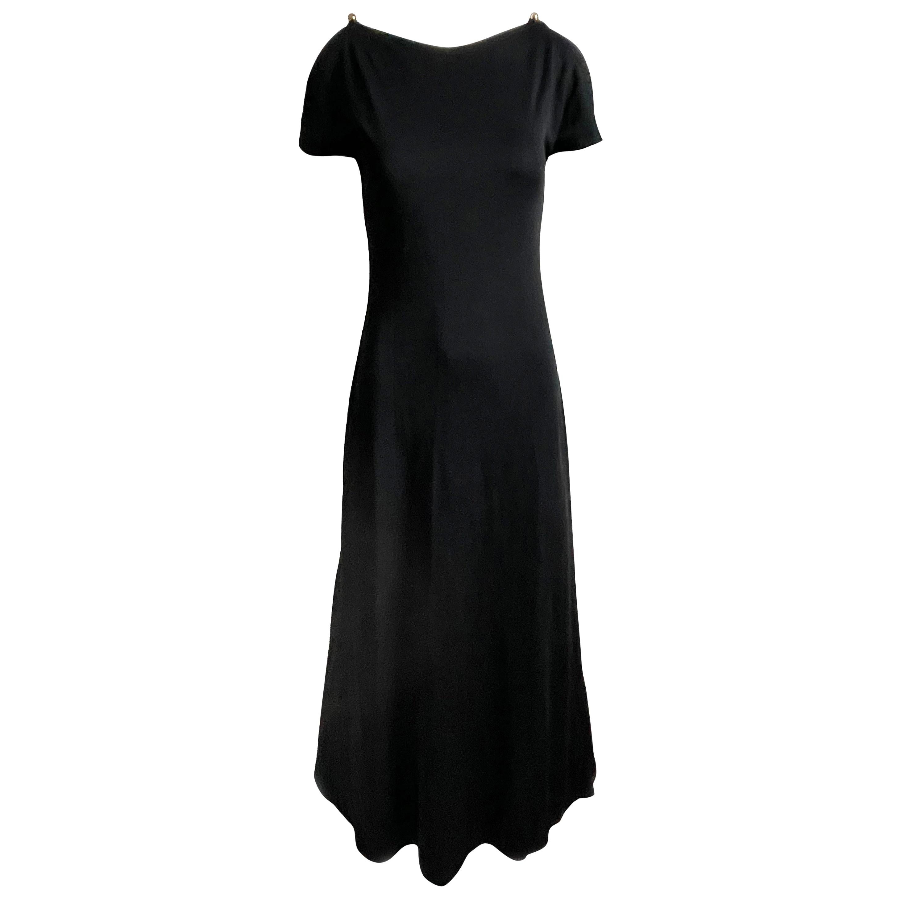 Clovis Ruffin Maxi Dress Black Jersey Flutter Sleeves Saks 5th Ave 1970s  For Sale