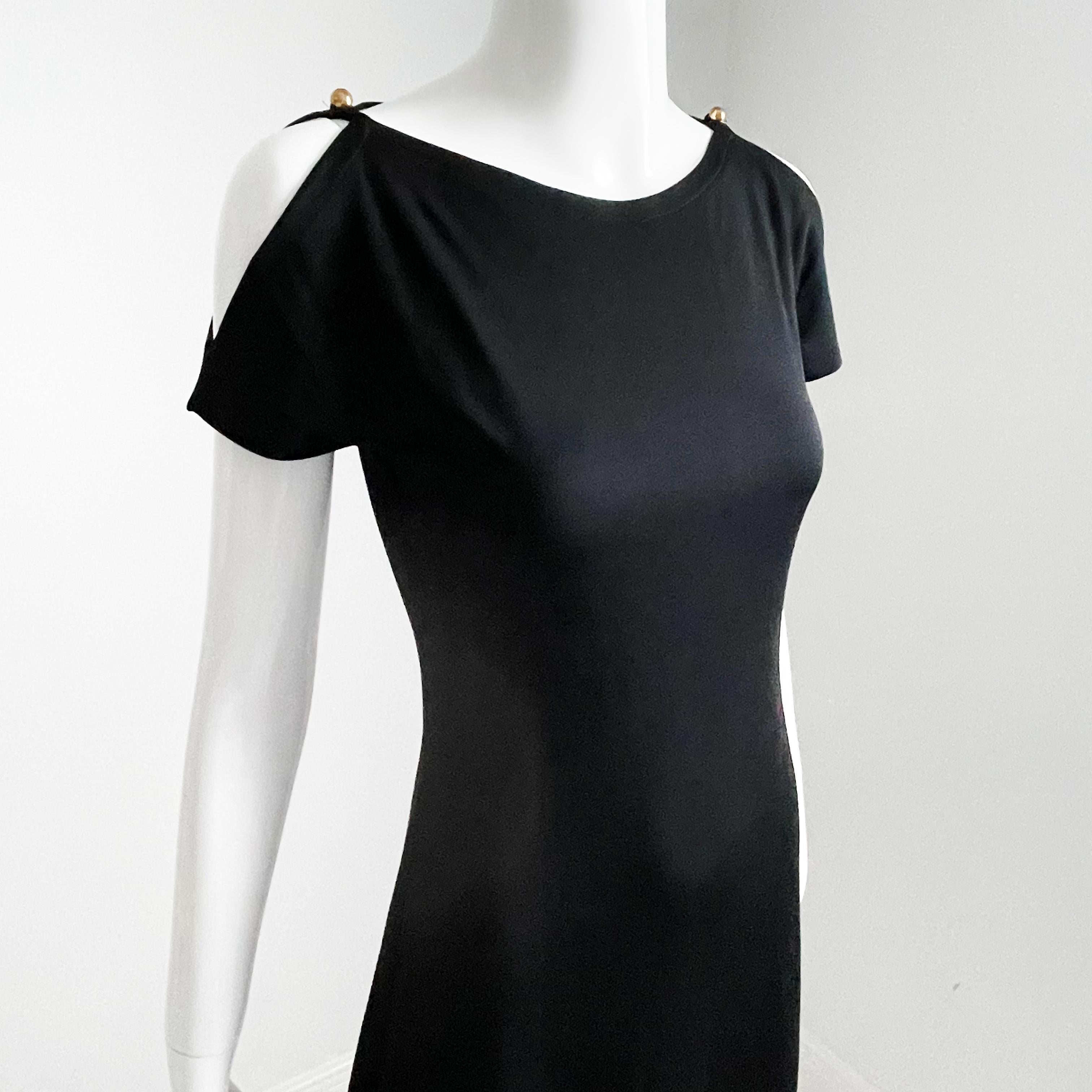 Clovis Ruffin Maxi Dress Black Jersey Flutter Sleeves Saks 5th Ave Vintage 70s In Good Condition For Sale In Port Saint Lucie, FL