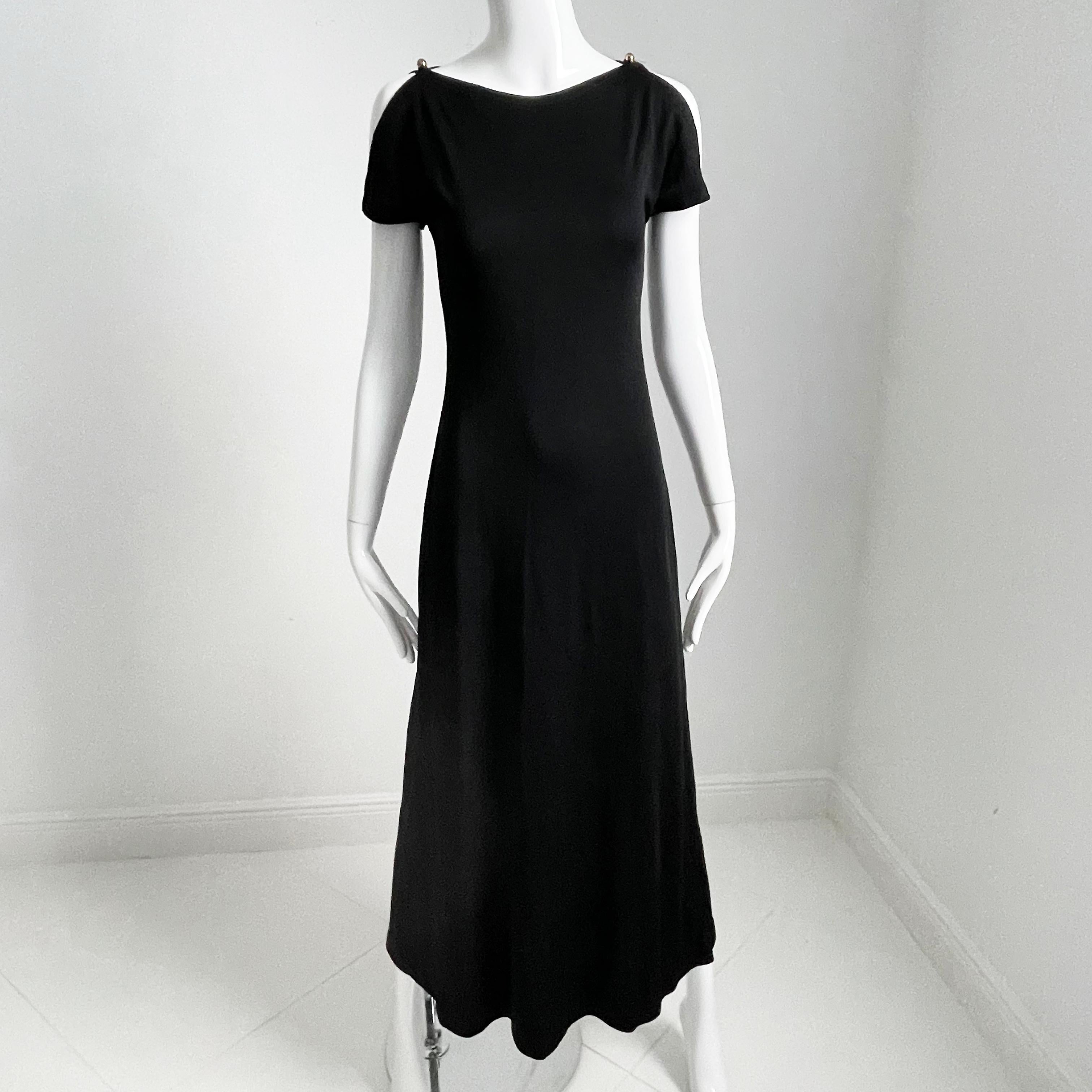 Clovis Ruffin Maxi Dress Black Jersey Flutter Sleeves Saks 5th Ave Vintage 70s For Sale 2