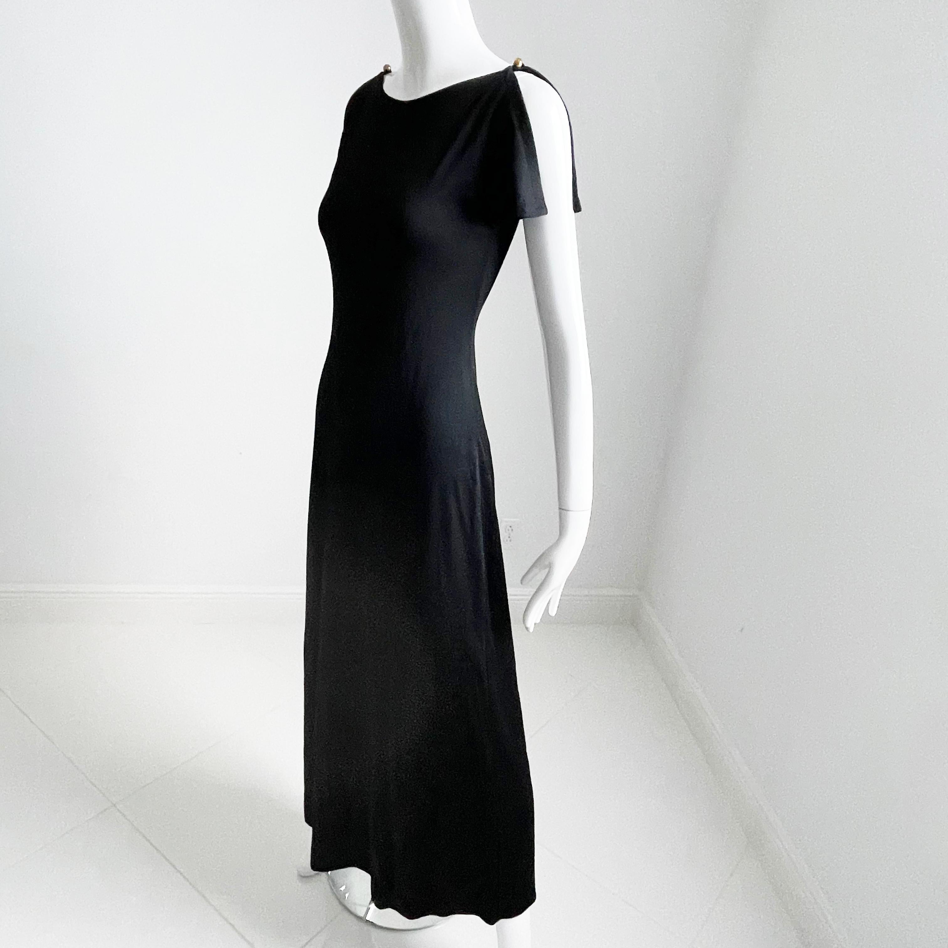 Clovis Ruffin Maxi Dress Black Jersey Flutter Sleeves Saks 5th Ave Vintage 70s For Sale 3