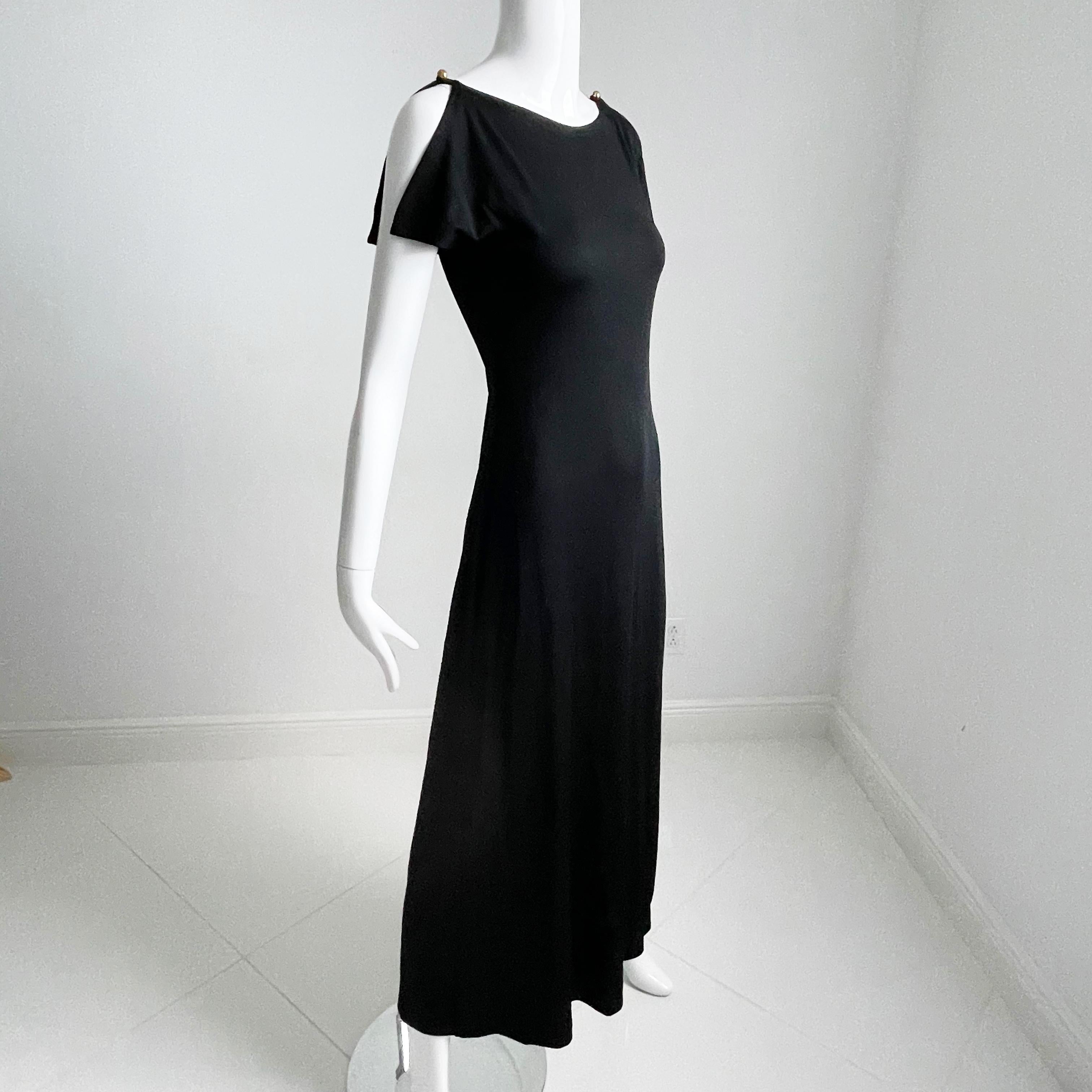 Clovis Ruffin Maxi Dress Black Jersey Flutter Sleeves Saks 5th Ave Vintage 70s For Sale 4