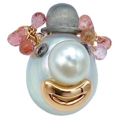 Clown Black Diamond Pink Tourmaline Pearl White Red 18kt Gold Pin Brooch