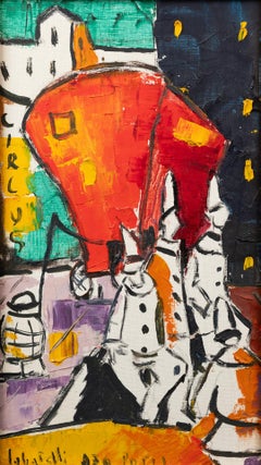 "Clowns in Paris" : Oil on canvas showing circus clowns signed "Labatelli"?