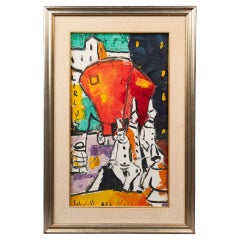 "Clowns in Paris" : Oil on canvas showing circus clowns signed "Labatelli"?