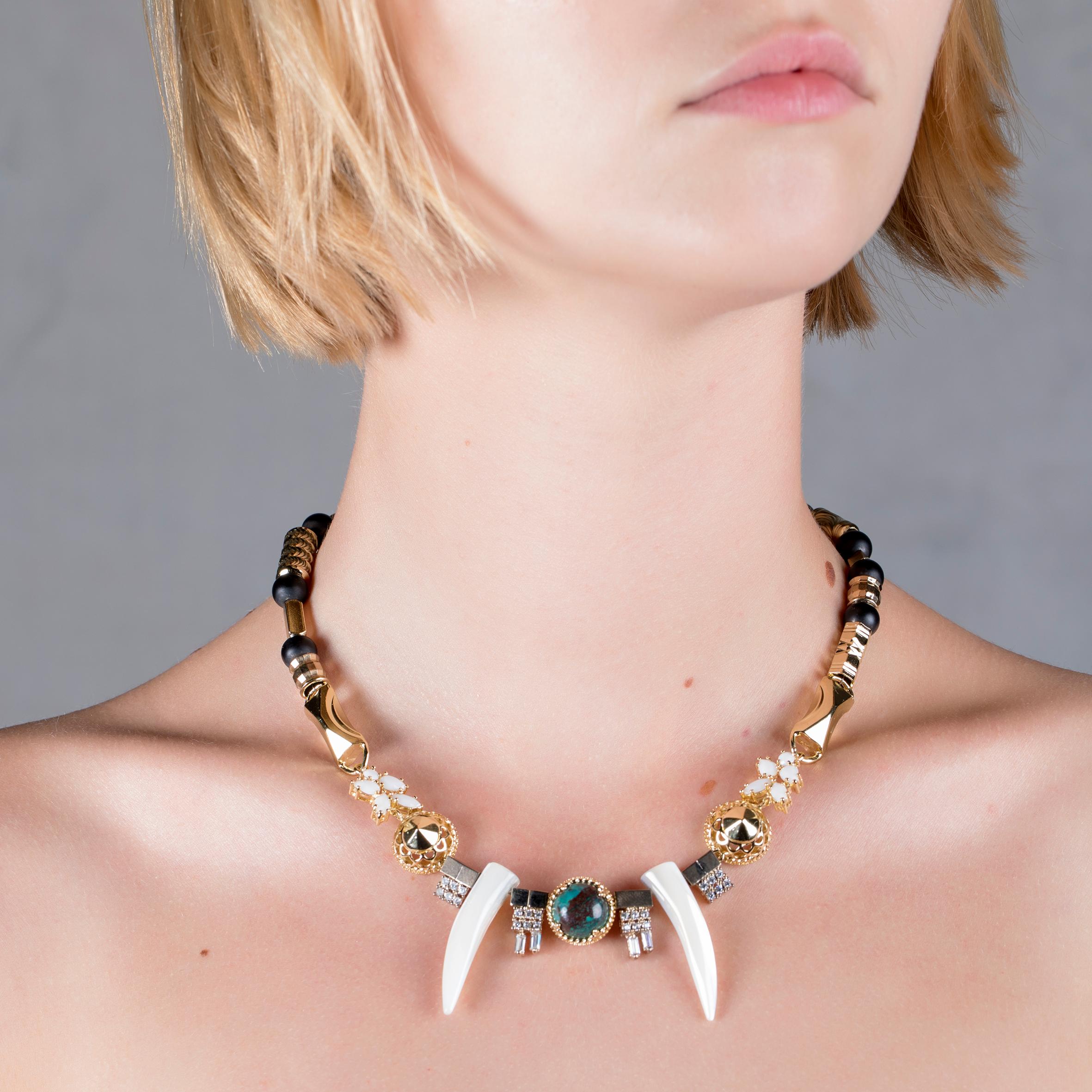 Contemporary Black Agate Beads Nacre Tribal Necklace from Iosselliani For Sale