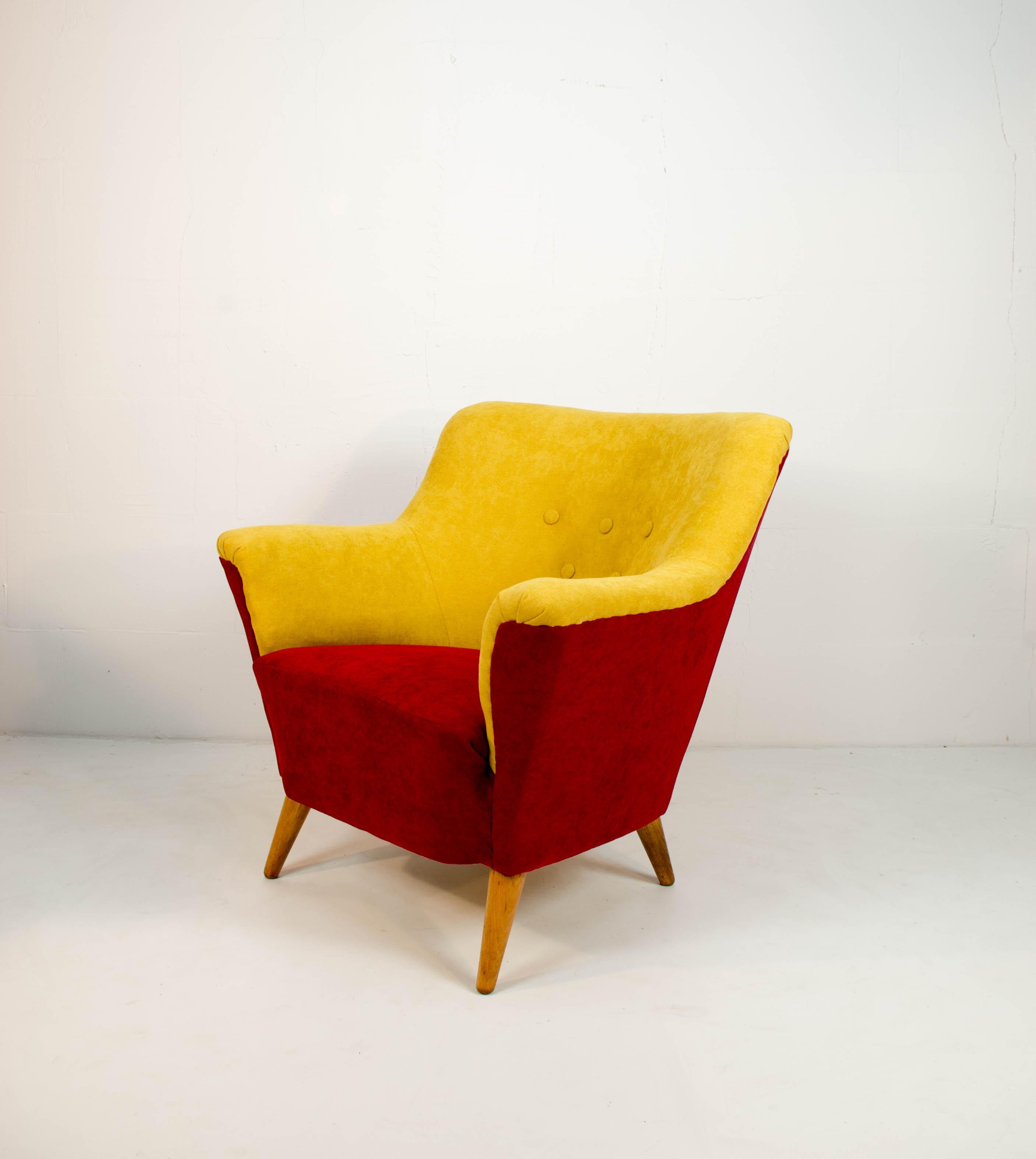 Art Deco Club Armchair in Red and Yellow, 1930 For Sale