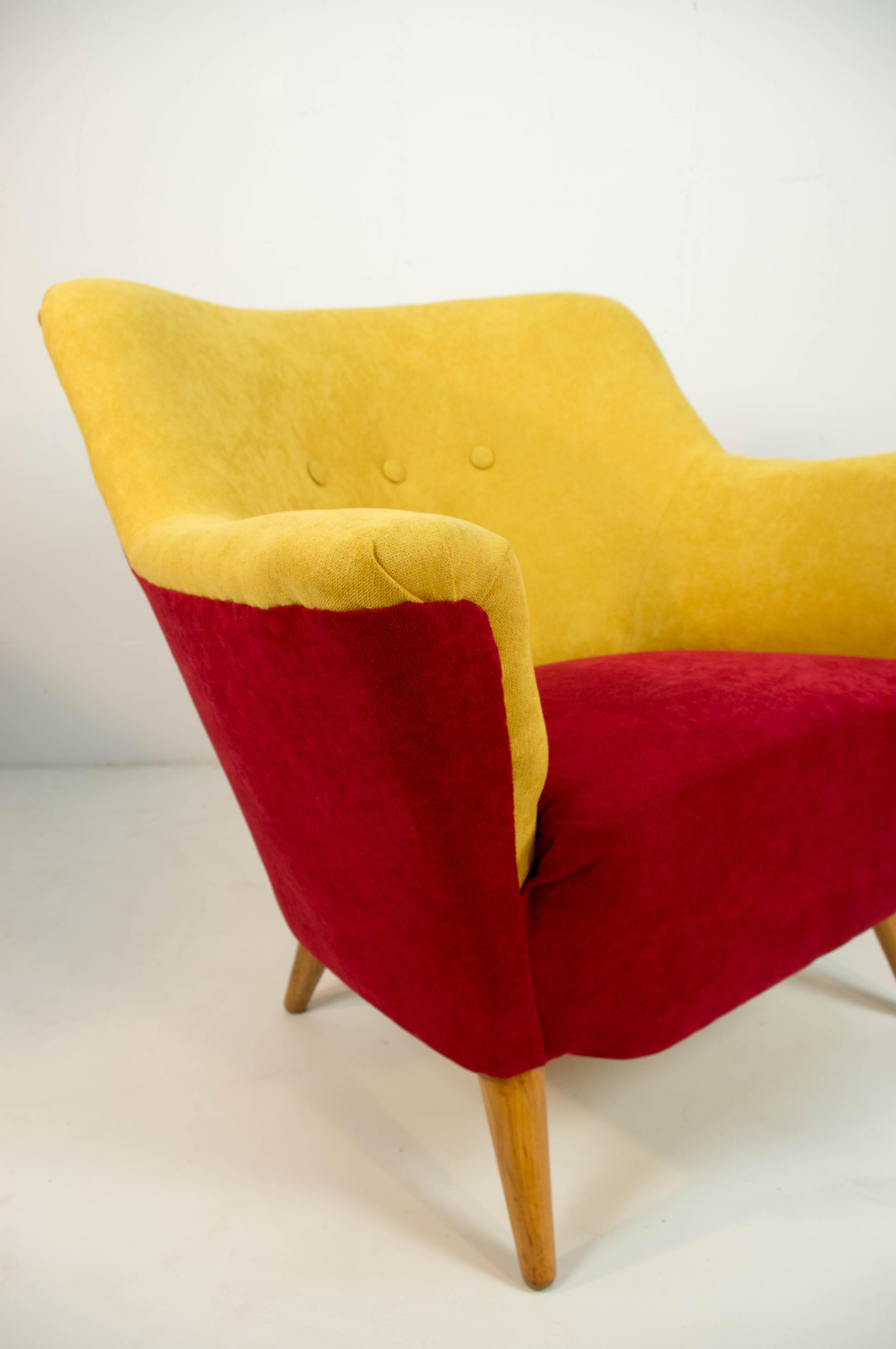 Beech Club Armchair in Red and Yellow, 1930 For Sale