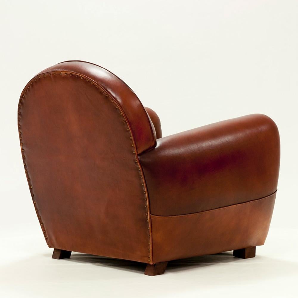 Hand-Crafted Club Armchair with Natural Brown Genuine Leather For Sale