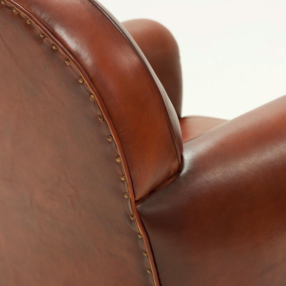 Contemporary Club Armchair with Natural Brown Genuine Leather For Sale