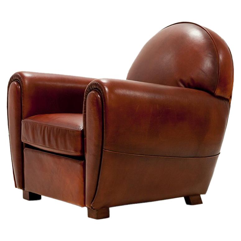 Club Armchair with Natural Brown Genuine Leather For Sale