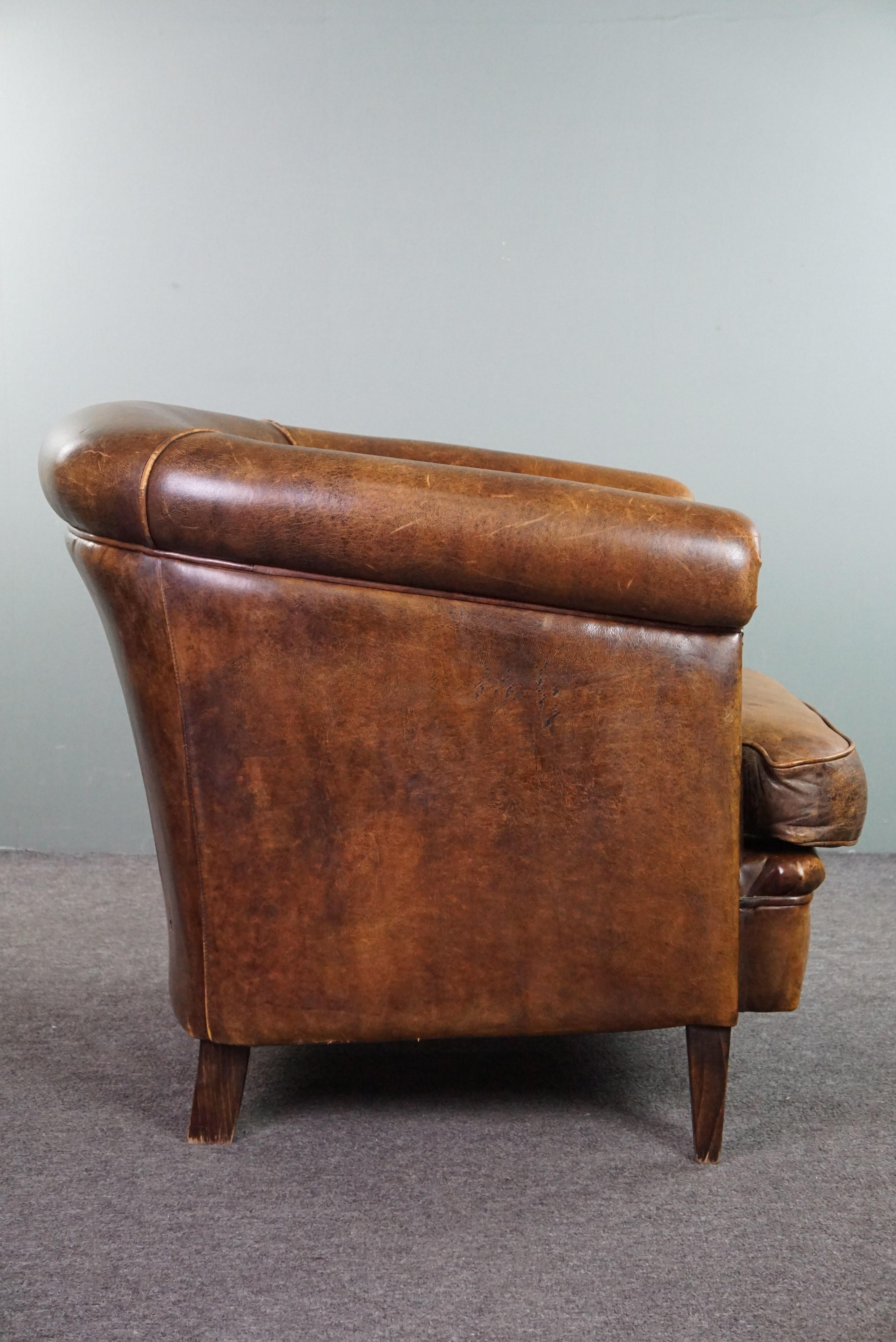 Romantic Club armchair with patina, made of sheep leather For Sale