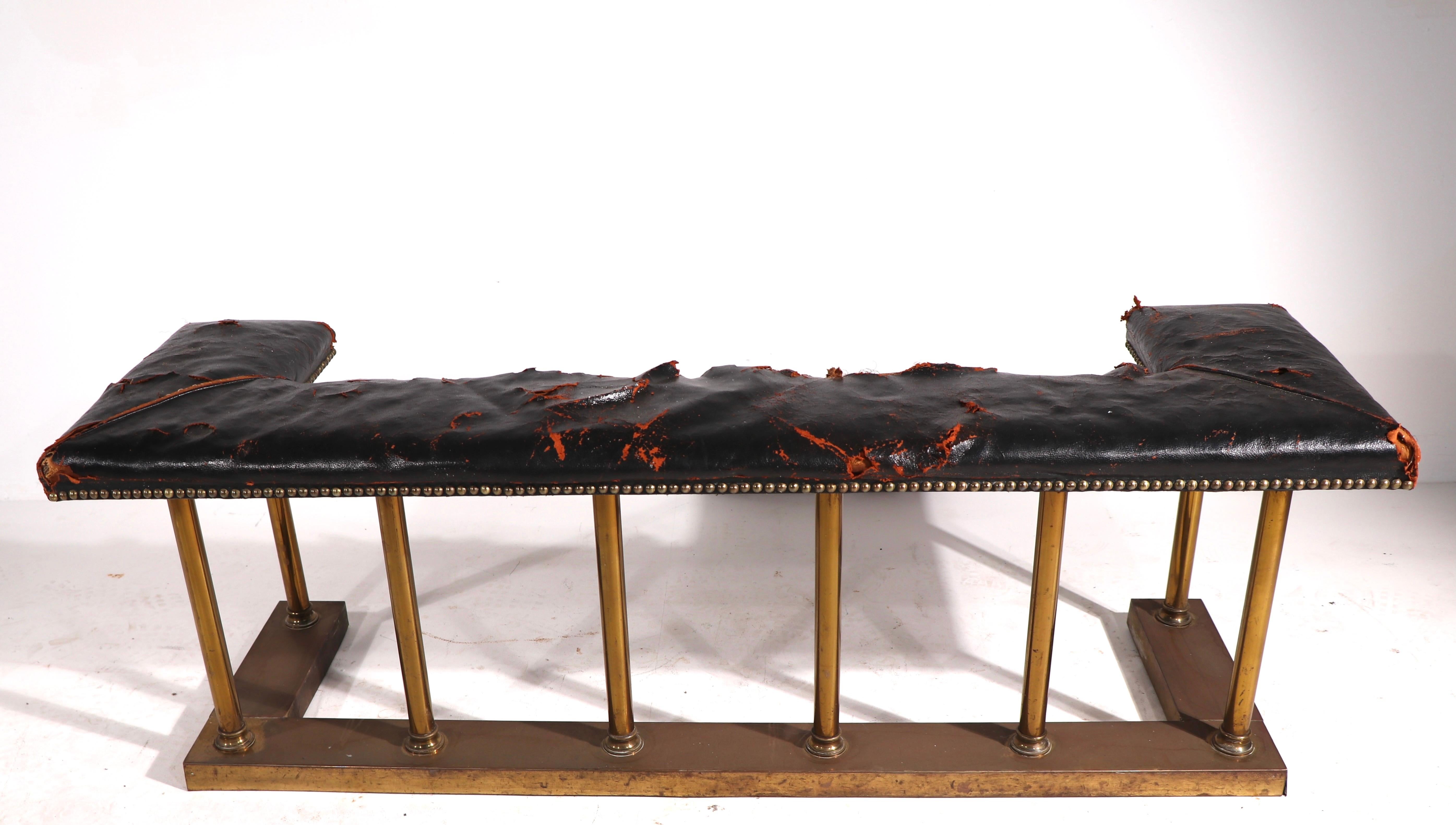 Hollywood Regency Club Bench Fender Brass with Leather Seat