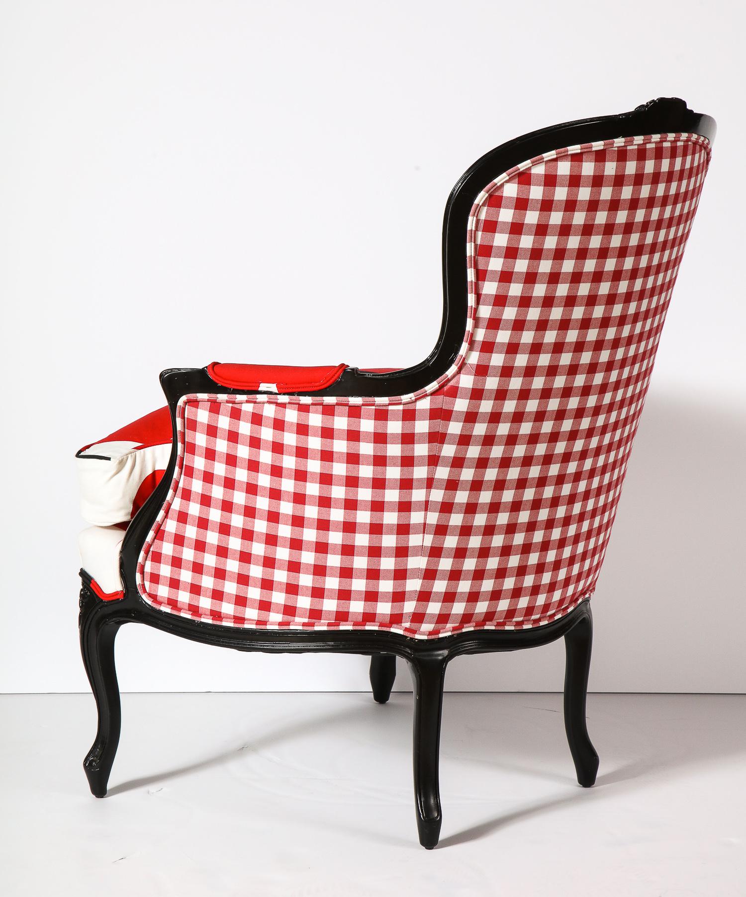 Bergère Chair with Black Lacquered Wood, Red/White & Black Printed Fabrics For Sale 5