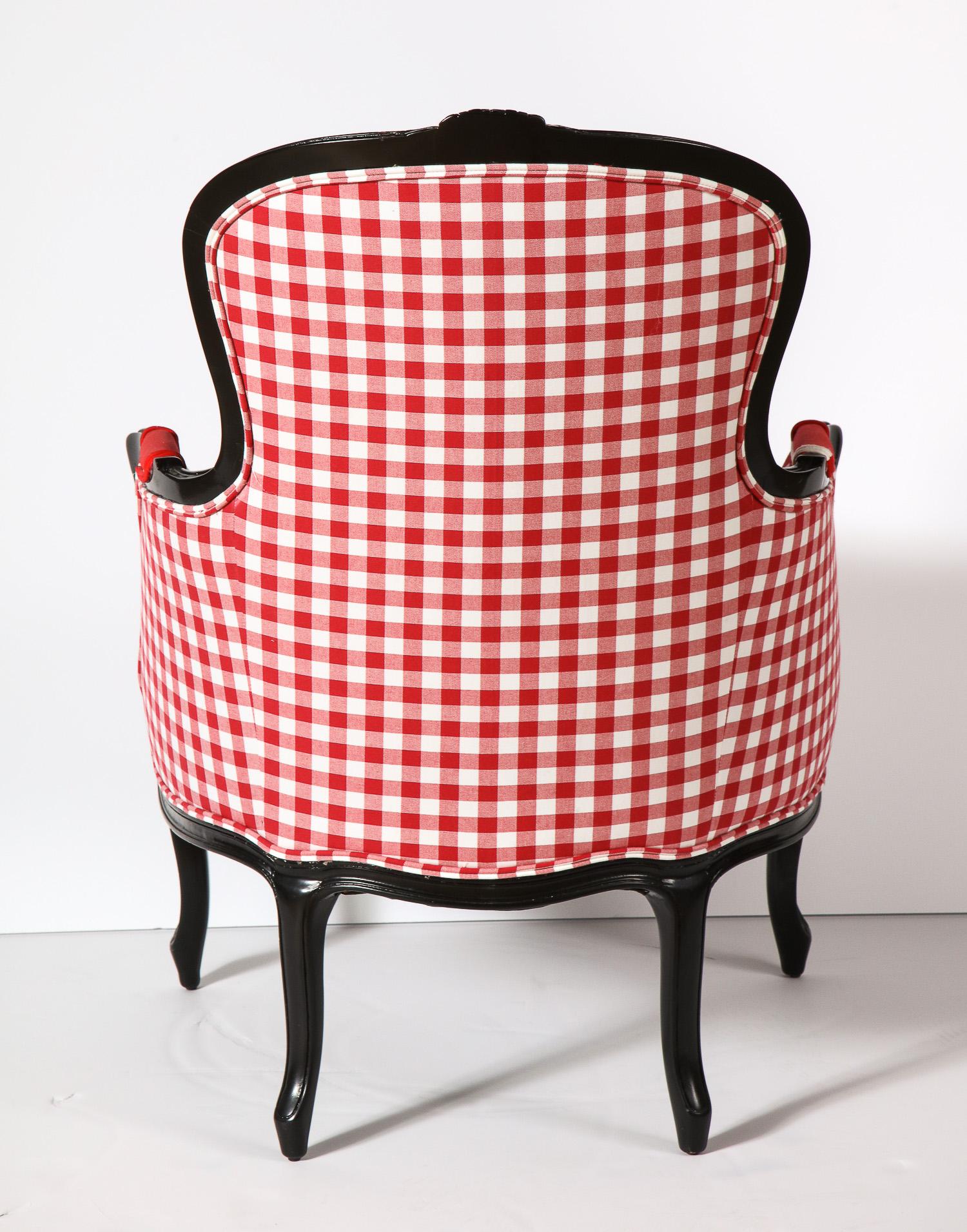 Bergère Chair with Black Lacquered Wood, Red/White & Black Printed Fabrics For Sale 6