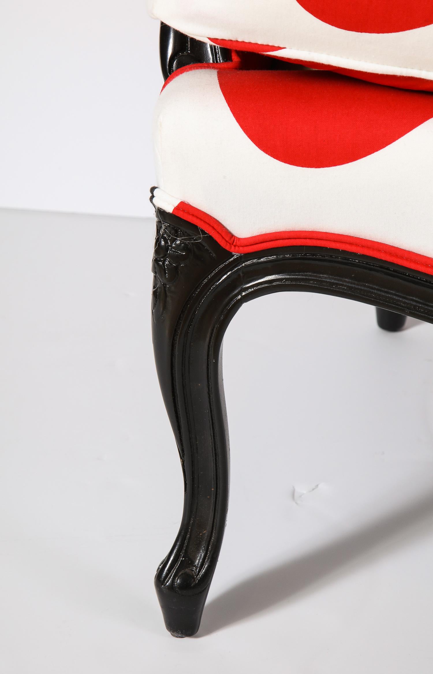 Hand-Crafted Bergère Chair with Black Lacquered Wood, Red/White & Black Printed Fabrics For Sale