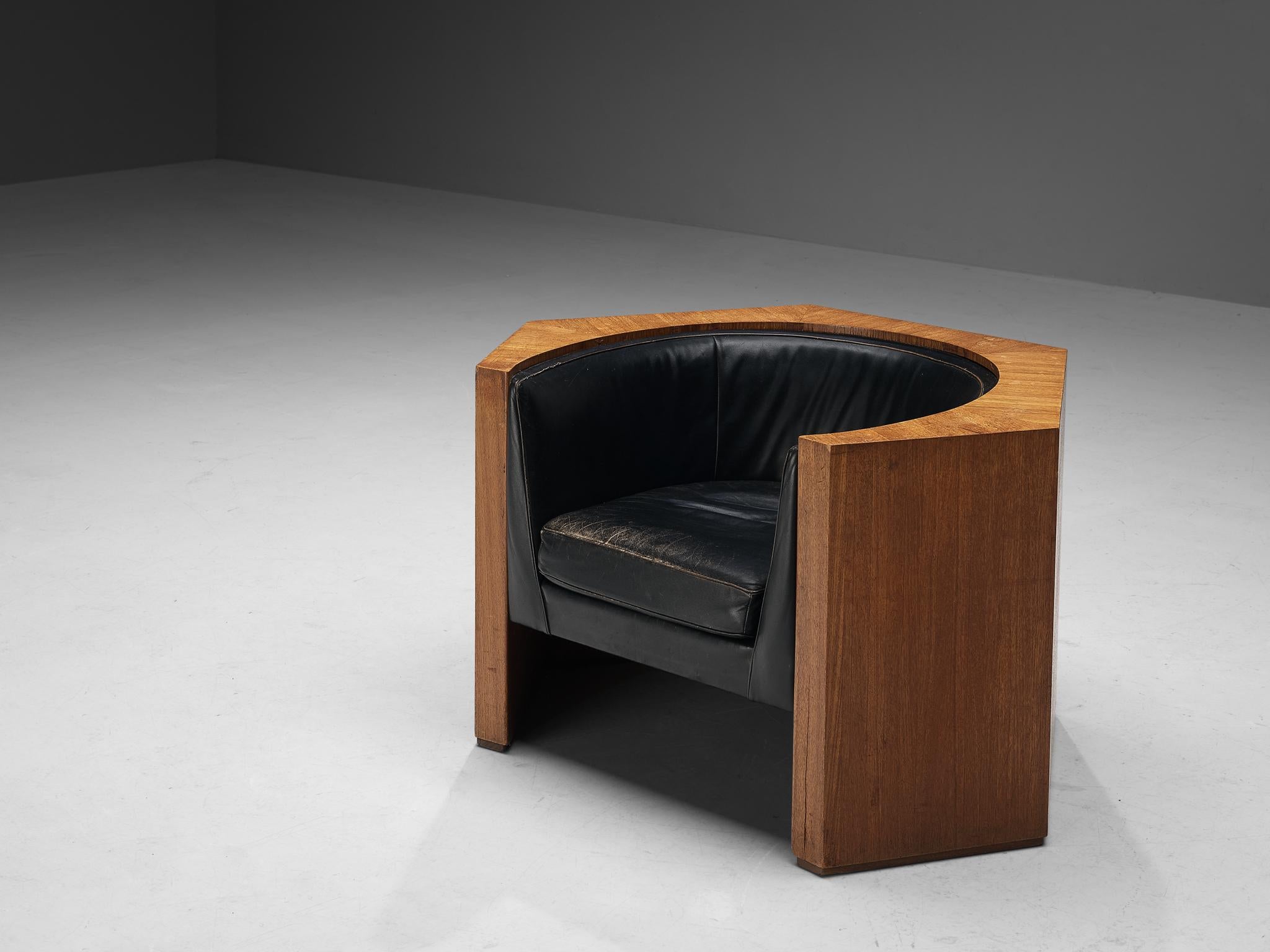 European Club Chair in Teak and Black Leather