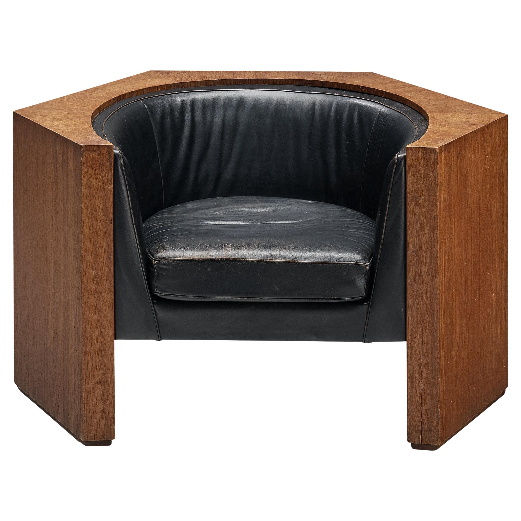 Club Chair in Teak and Black Leather