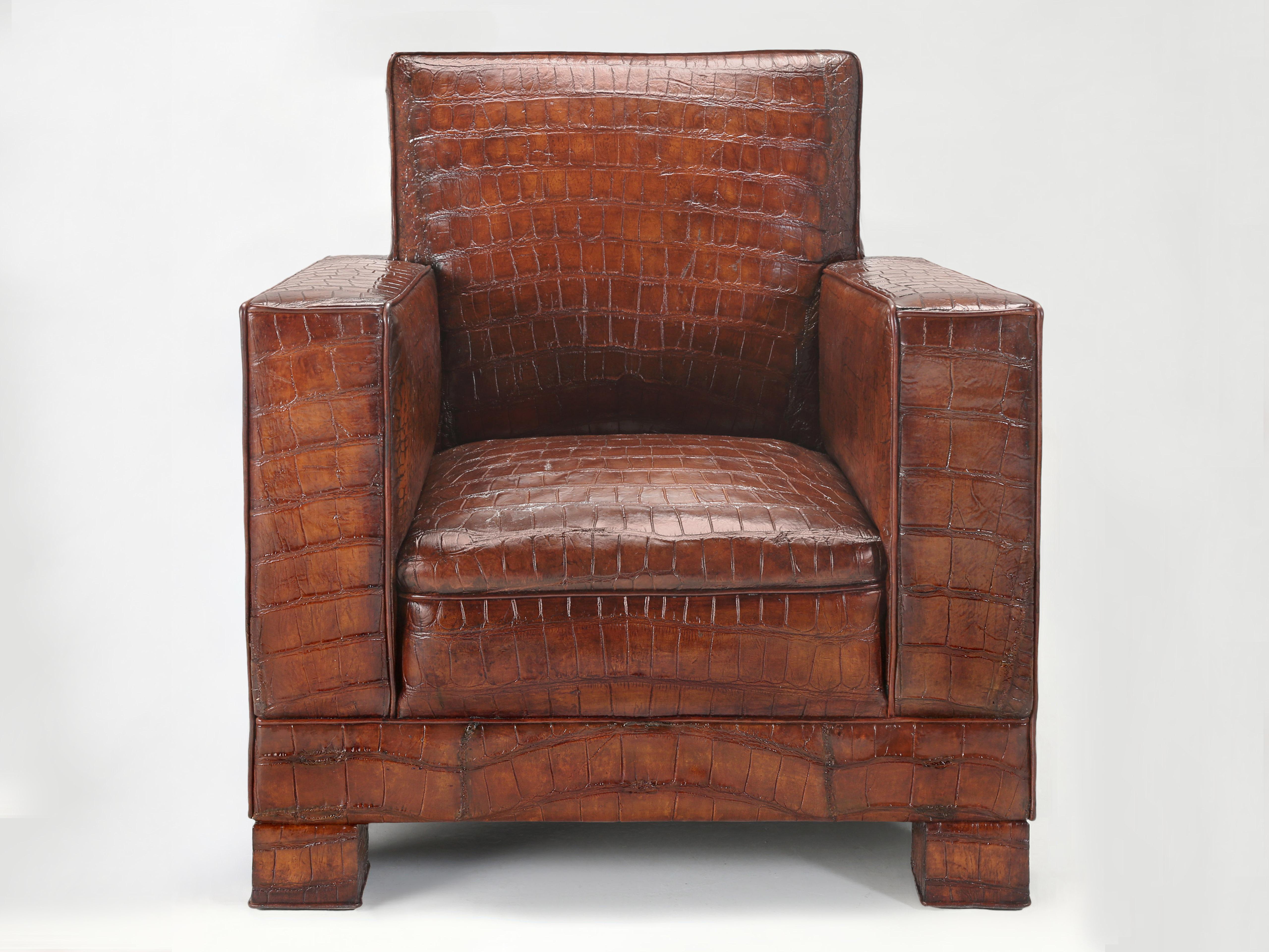 French Art Deco inspired Club Chair, one of a pair in stock upholstered in genuine Alligator hides. Many years ago, a great designer once told me that if you are going to copy someone’s work, make sure you are copying from only the best. There is