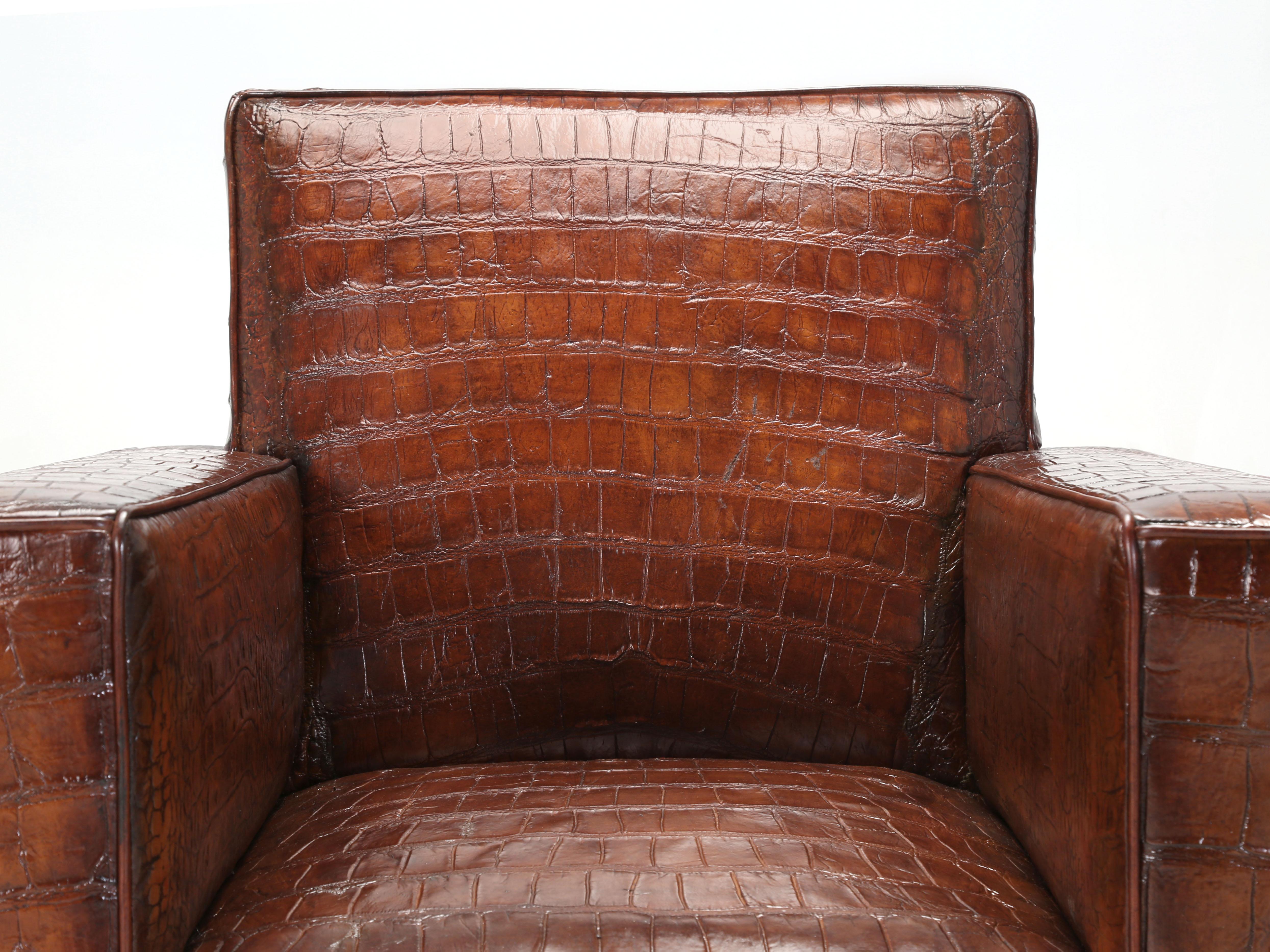 Art Deco Club Chair Inspired by Jean-Michel Frank & Adnet in Real Alligator by Old Plank For Sale