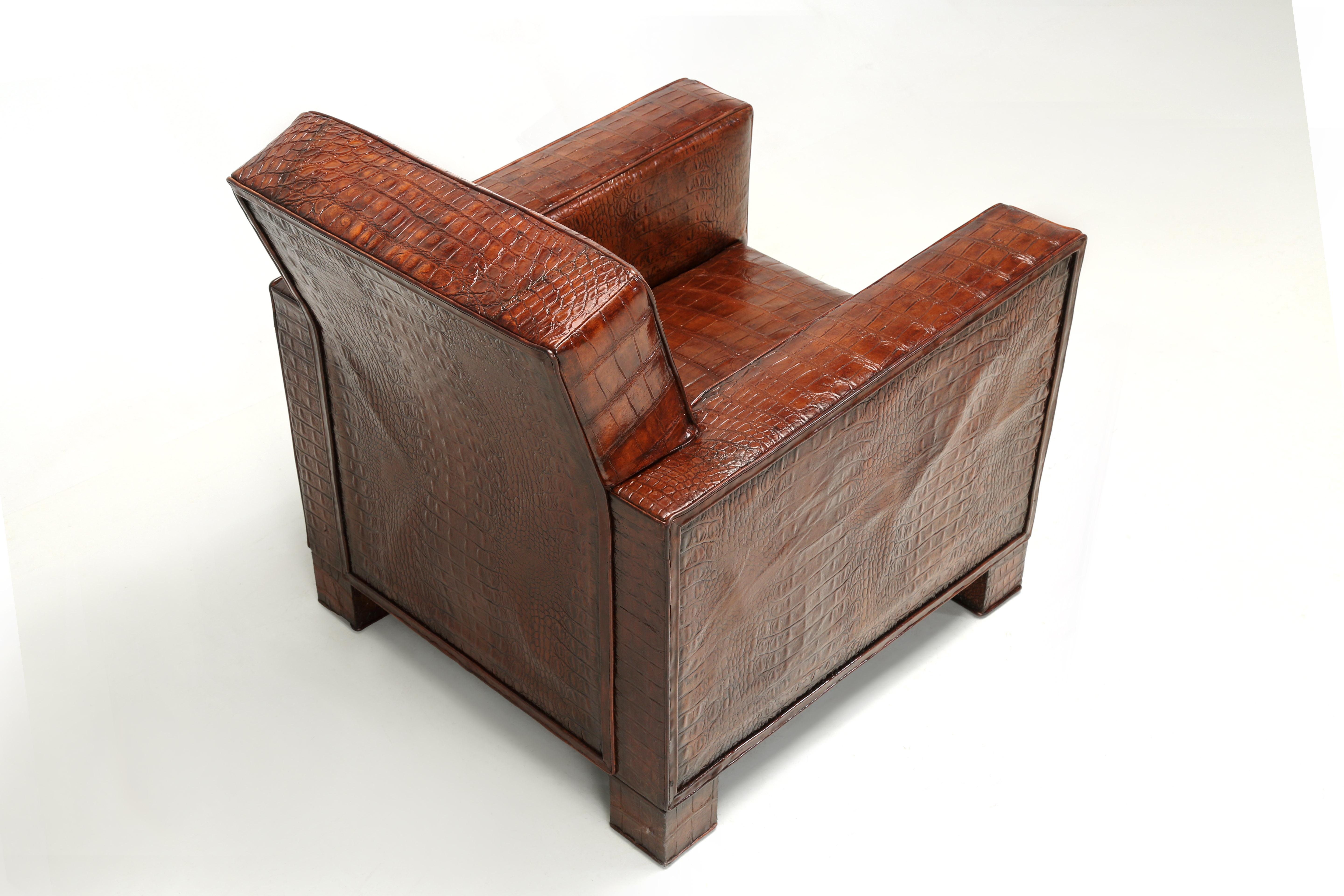 Club Chair Inspired by Jean-Michel Frank & Adnet in Real Alligator by Old Plank In New Condition For Sale In Chicago, IL