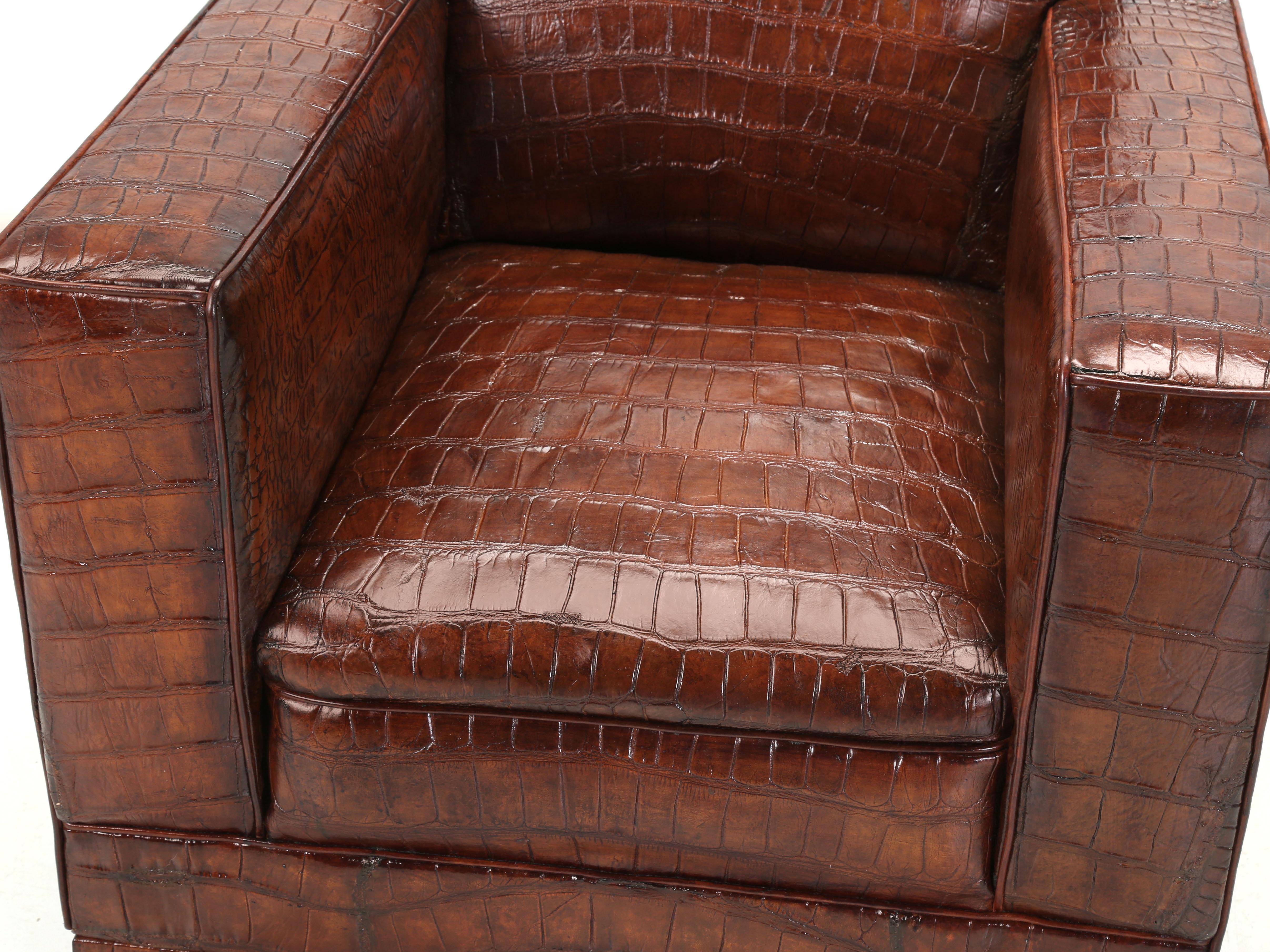 Contemporary Club Chair Inspired by Jean-Michel Frank & Adnet in Real Alligator by Old Plank For Sale