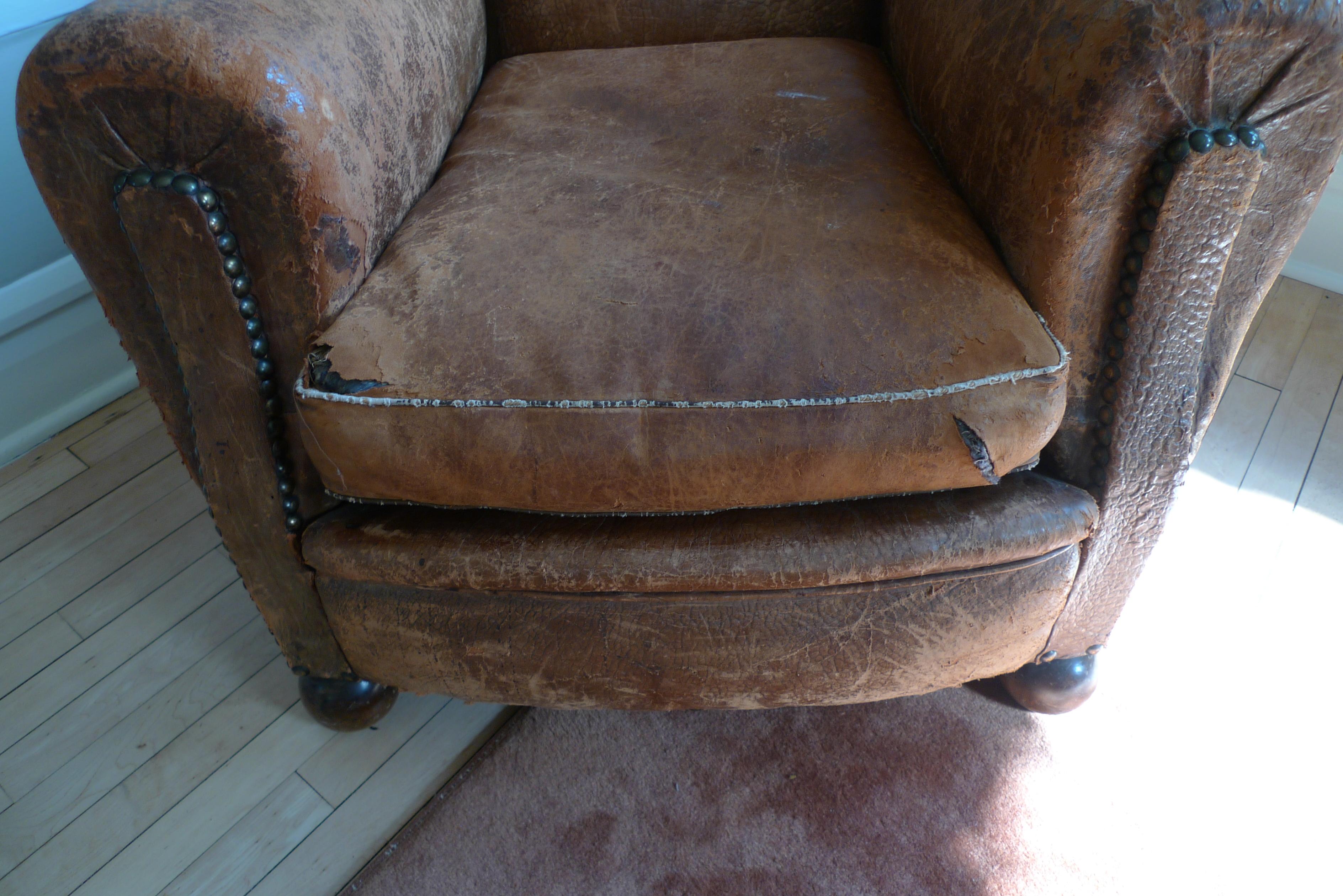 Club Chair of Leather from France, circa 1930s In Fair Condition In Madison, WI