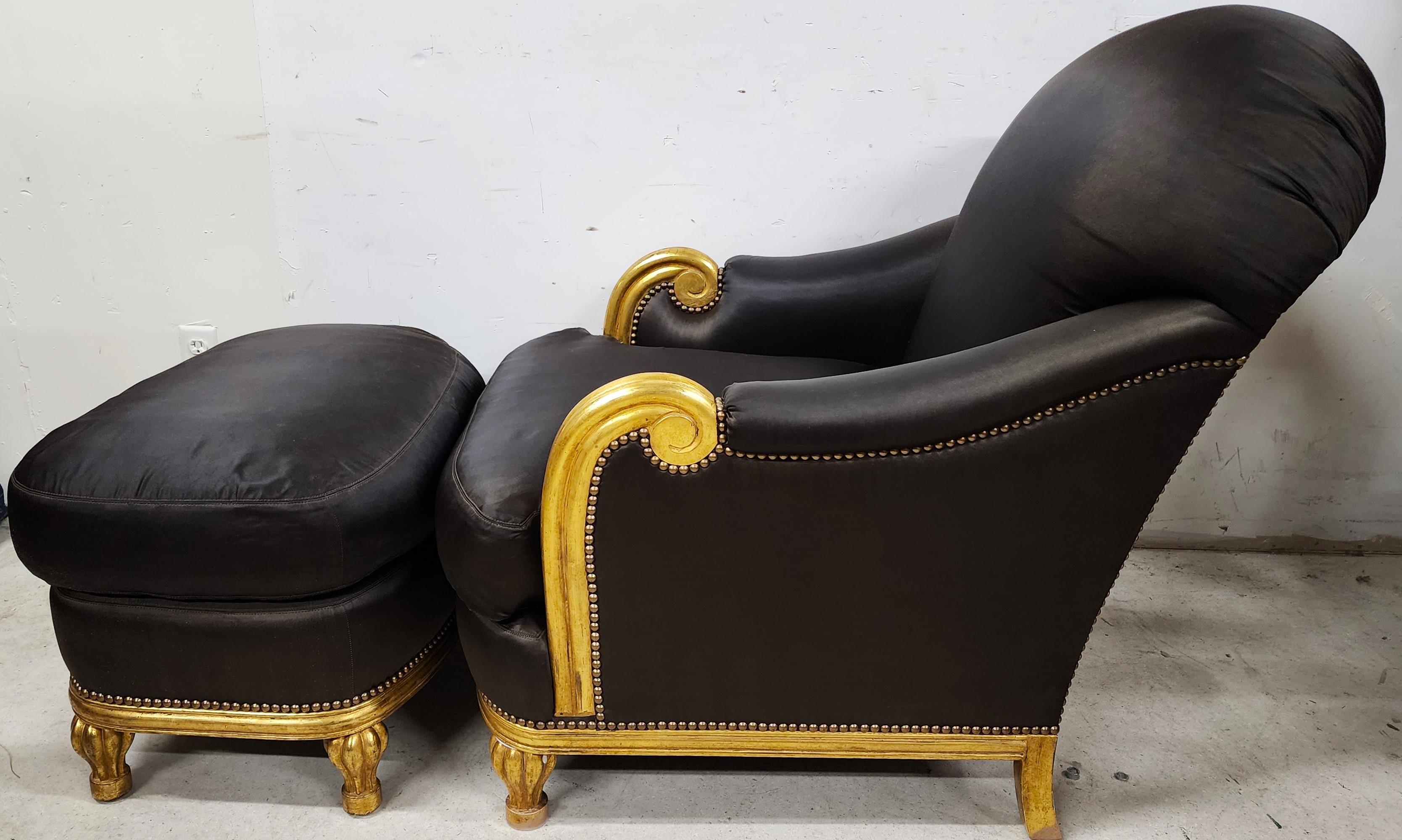 Club Chair & Ottoman Gold Leaf Gilt Finish For Sale 5
