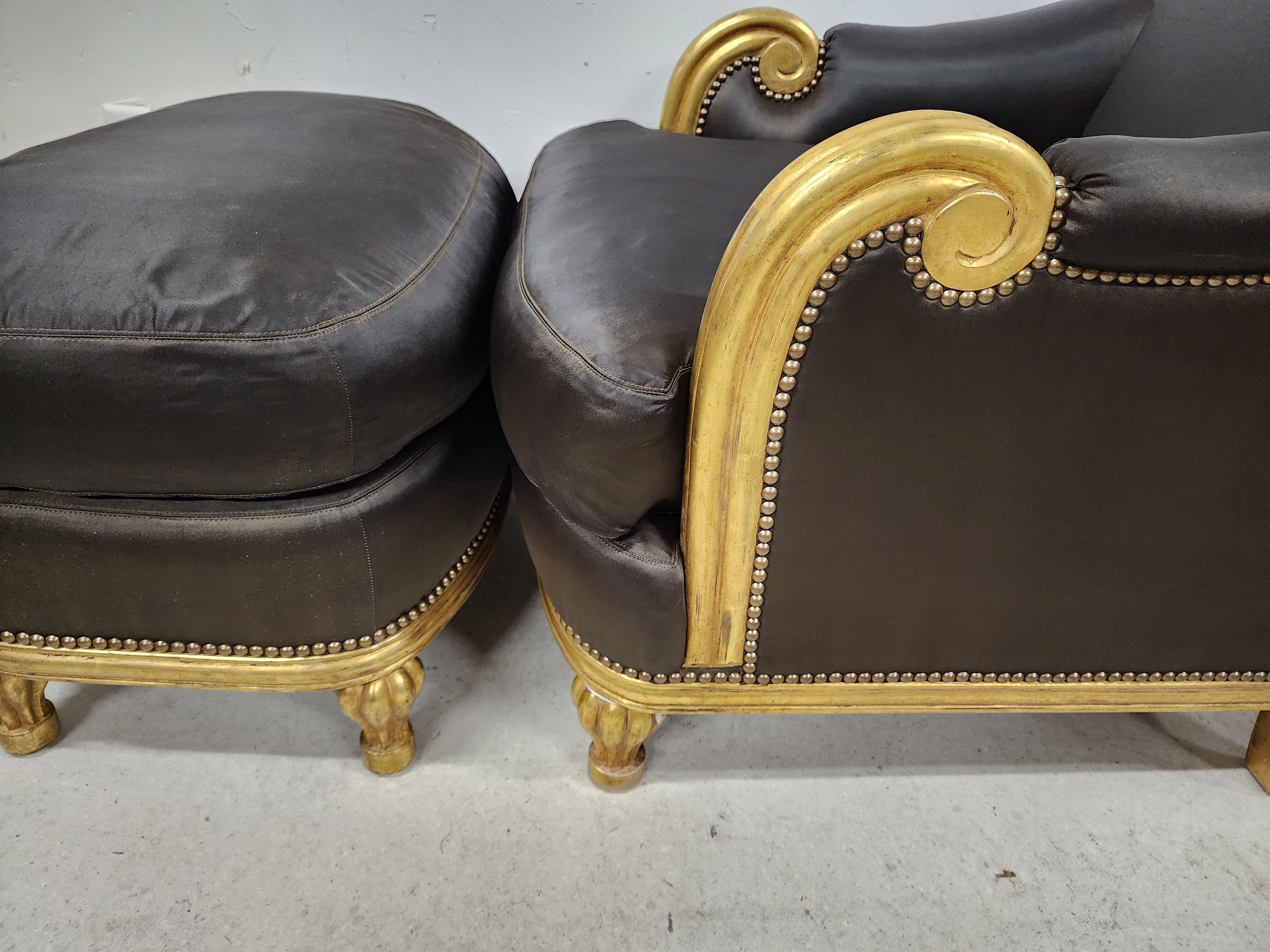 Club Chair & Ottoman Gold Leaf Gilt Finish For Sale 6